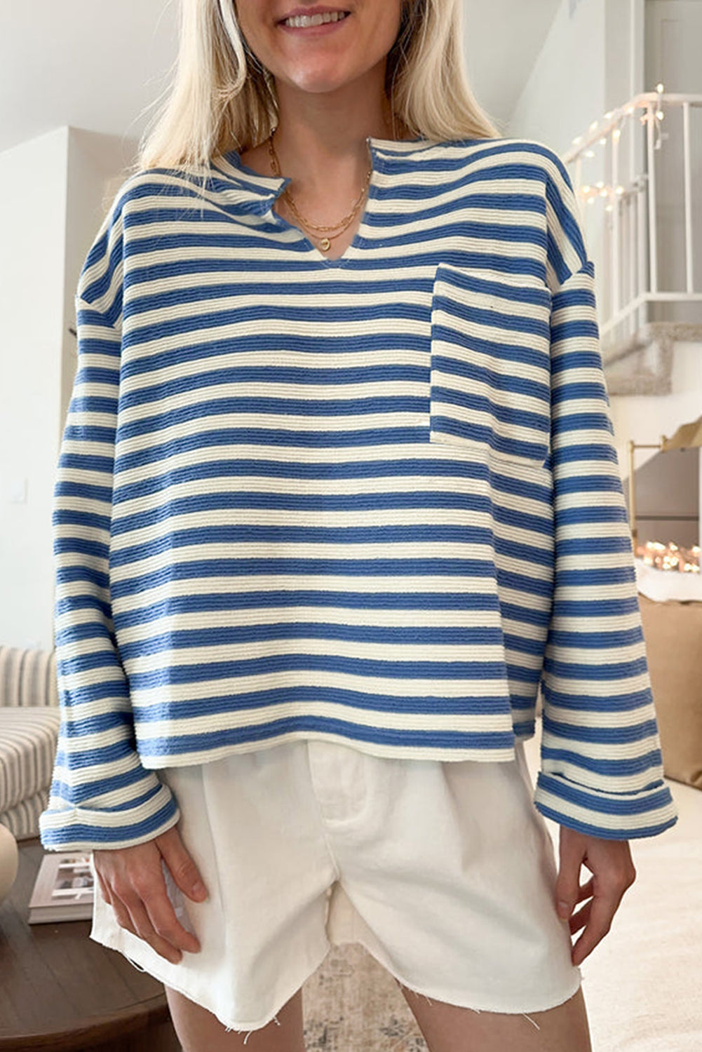Sky Blue Stripe Chest Pocket Buttoned Back Notched V Neck Top eAura