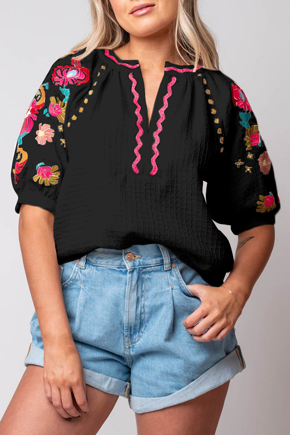 Beige Floral Embroidered Ricrac Puff Sleeve Textured Blouse BB Fashion Outlet