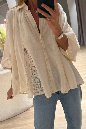 Oatmeal Sheer Lace Splicing Detail Bracelet Sleeve Loose Flowy Shirt – Beige