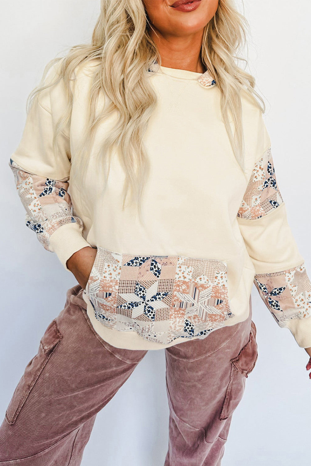 Western Geo Pattern Patchwork Hoodie with Kangaroo Pocket - Tops/Sweatshirts & Hoodies