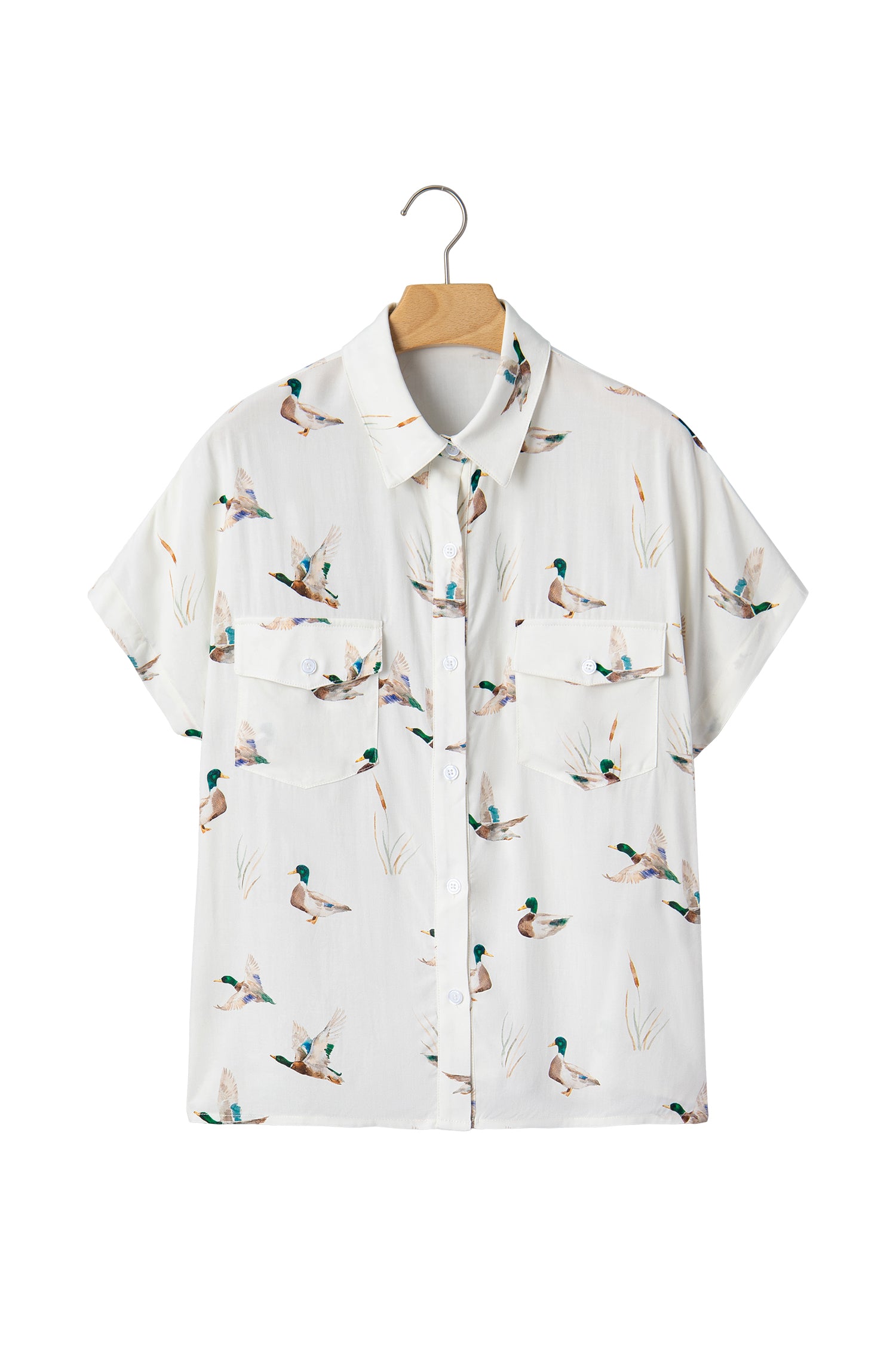Mallard Printed Button Flap Pocket Short Sleeve Shirt – White