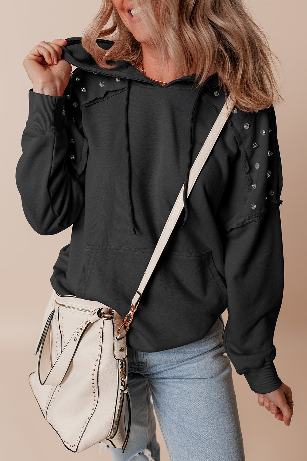 Fushia Solid Color Rivet Stud Raglan Sleeve Hoodie with Pocket BB Fashion Outlet