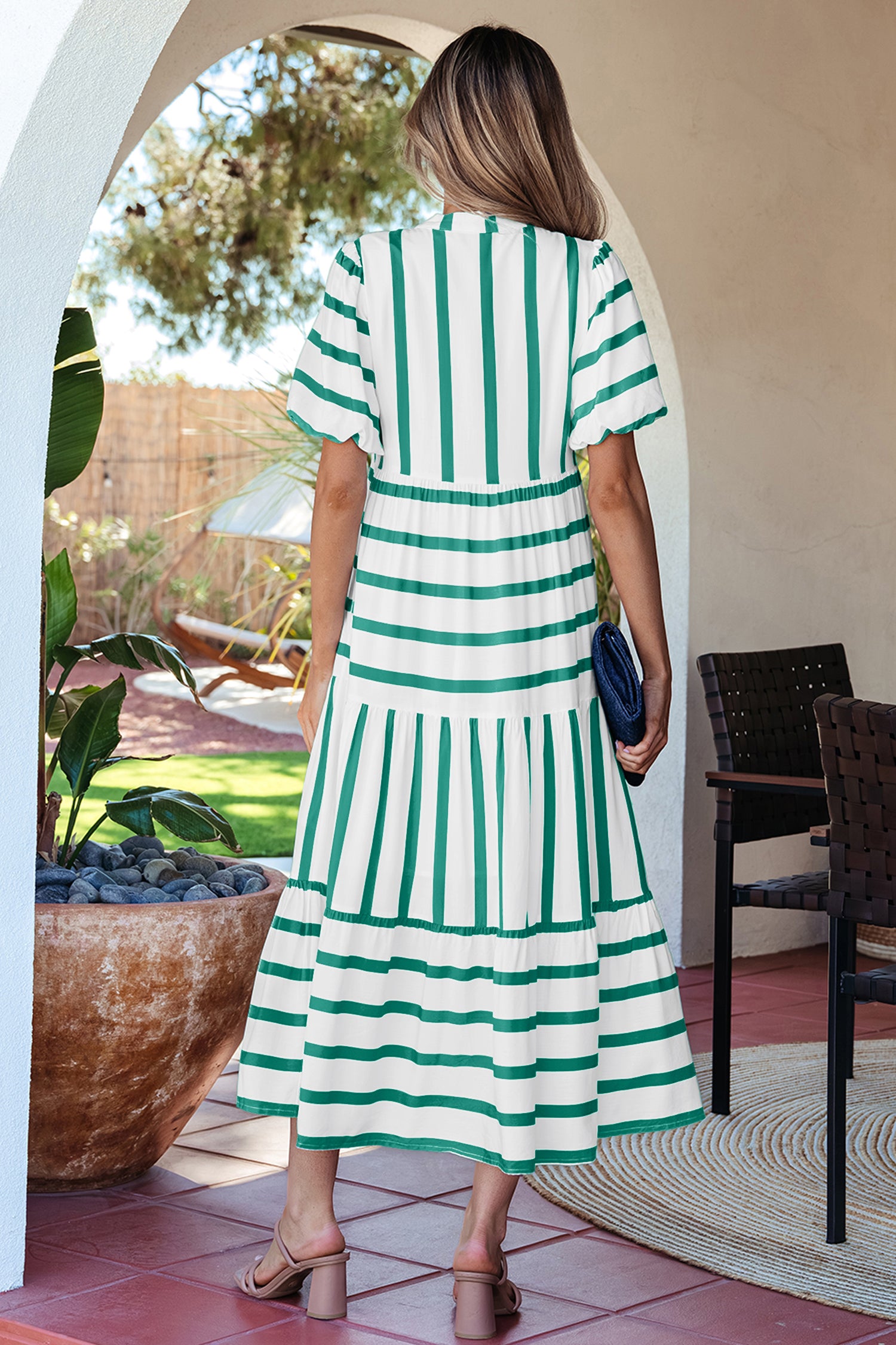 Green Stripe Ricrac Trim Notched Neck Vacation Midi Dress