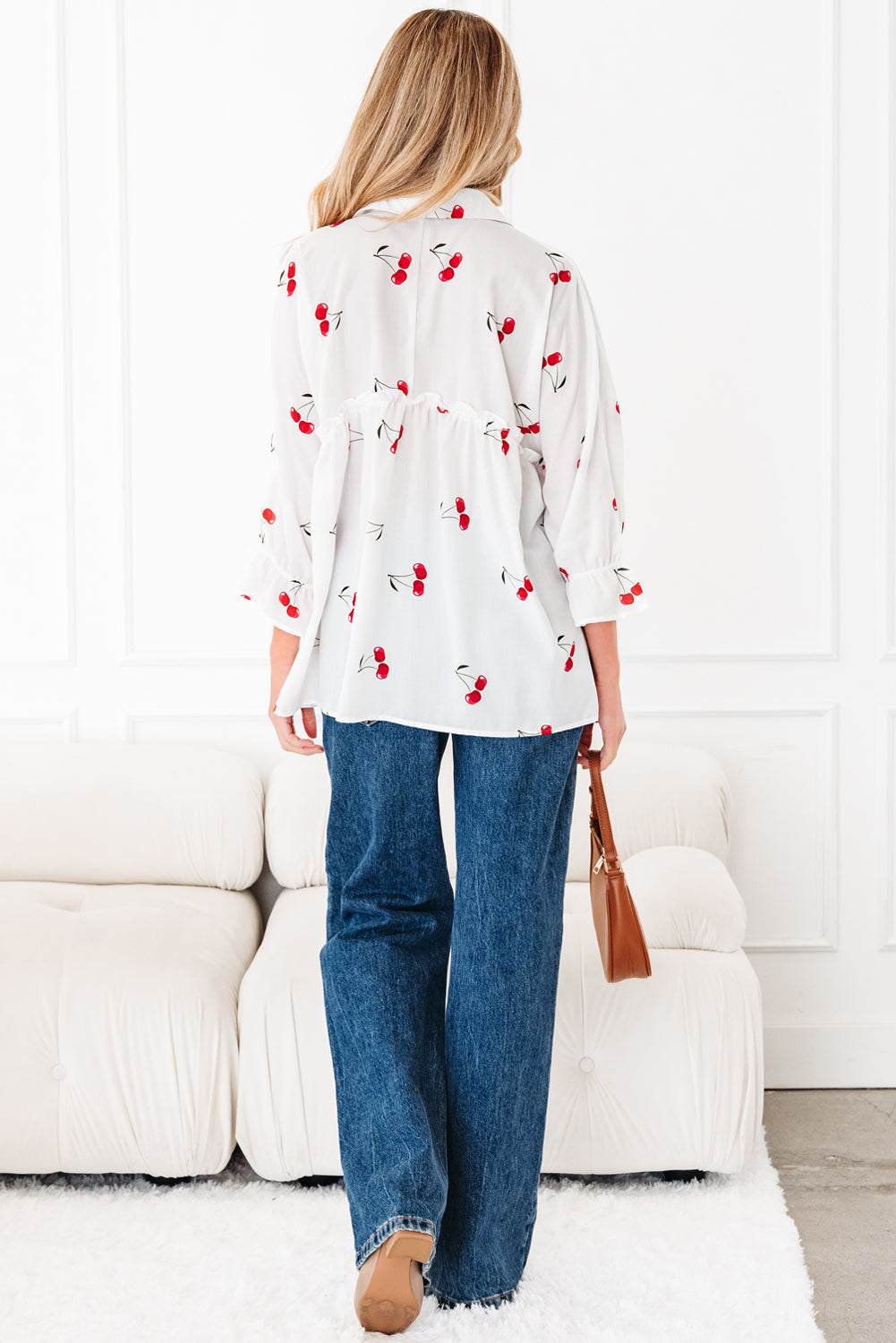 White Cherry Print Collared Frilled Babydoll Blouse - eAura