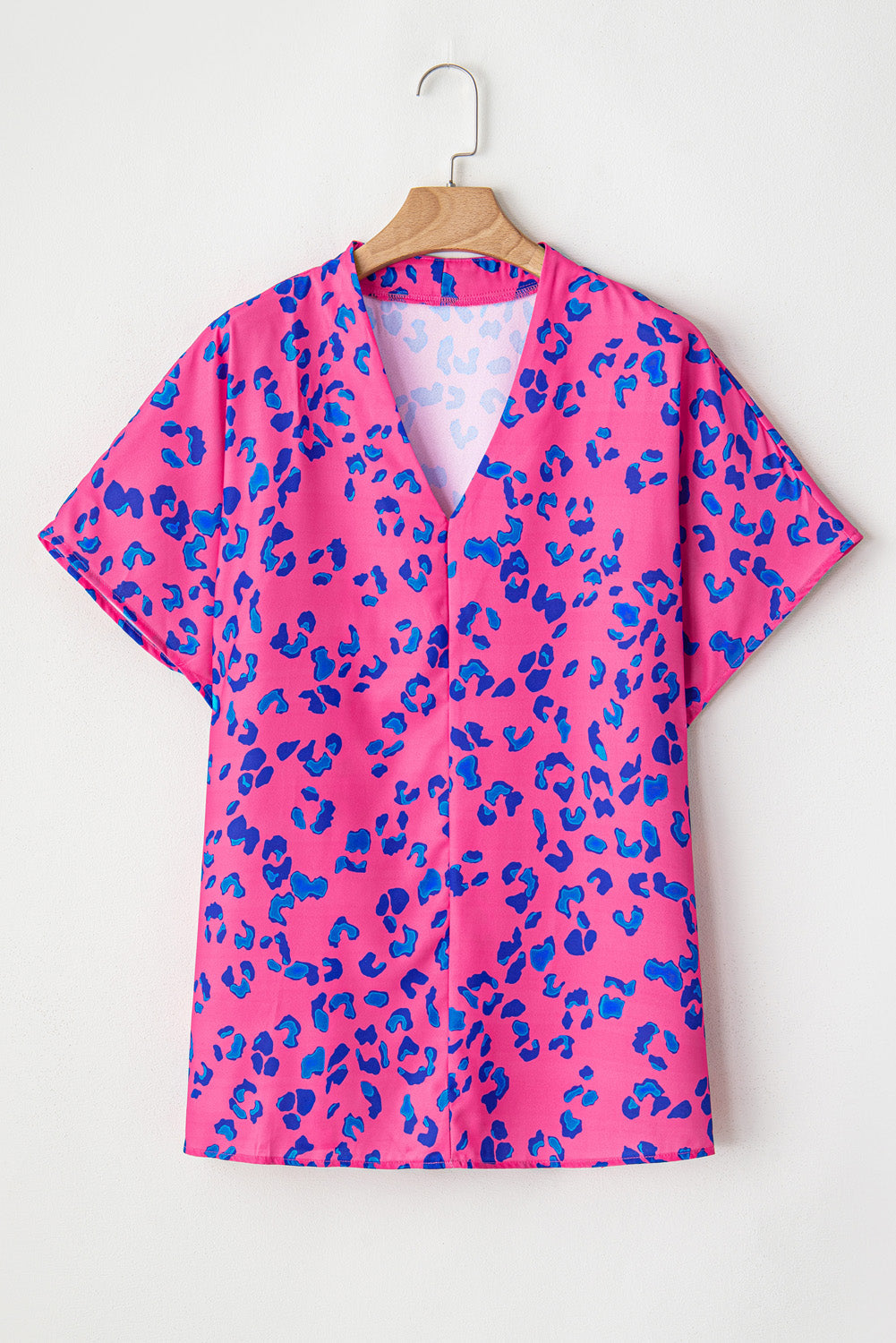 Rose Contrast Leopard Print Plus Size V Neck Blouse BB Fashion Outlet