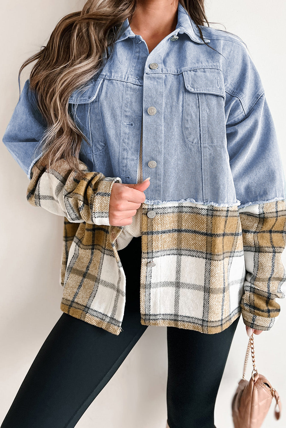 Khaki Plaid Patchwork Buttoned Oversized Denim Jacket eAura