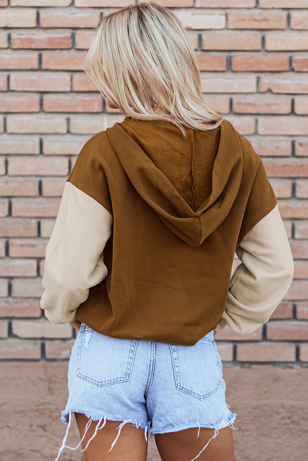 Chestnut Colour Block Half Zip Kangaroo Pocketed Hoodie eAura