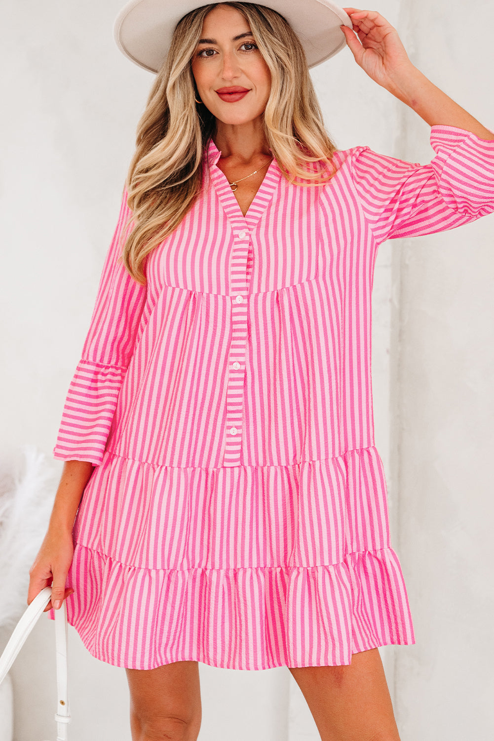 Stripe dFlare Sleeve Half Placket Tiered Flowy Mini Dress - eAura