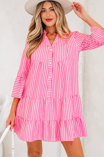 Stripe dFlare Sleeve Half Placket Tiered Flowy Mini Dress - eAura