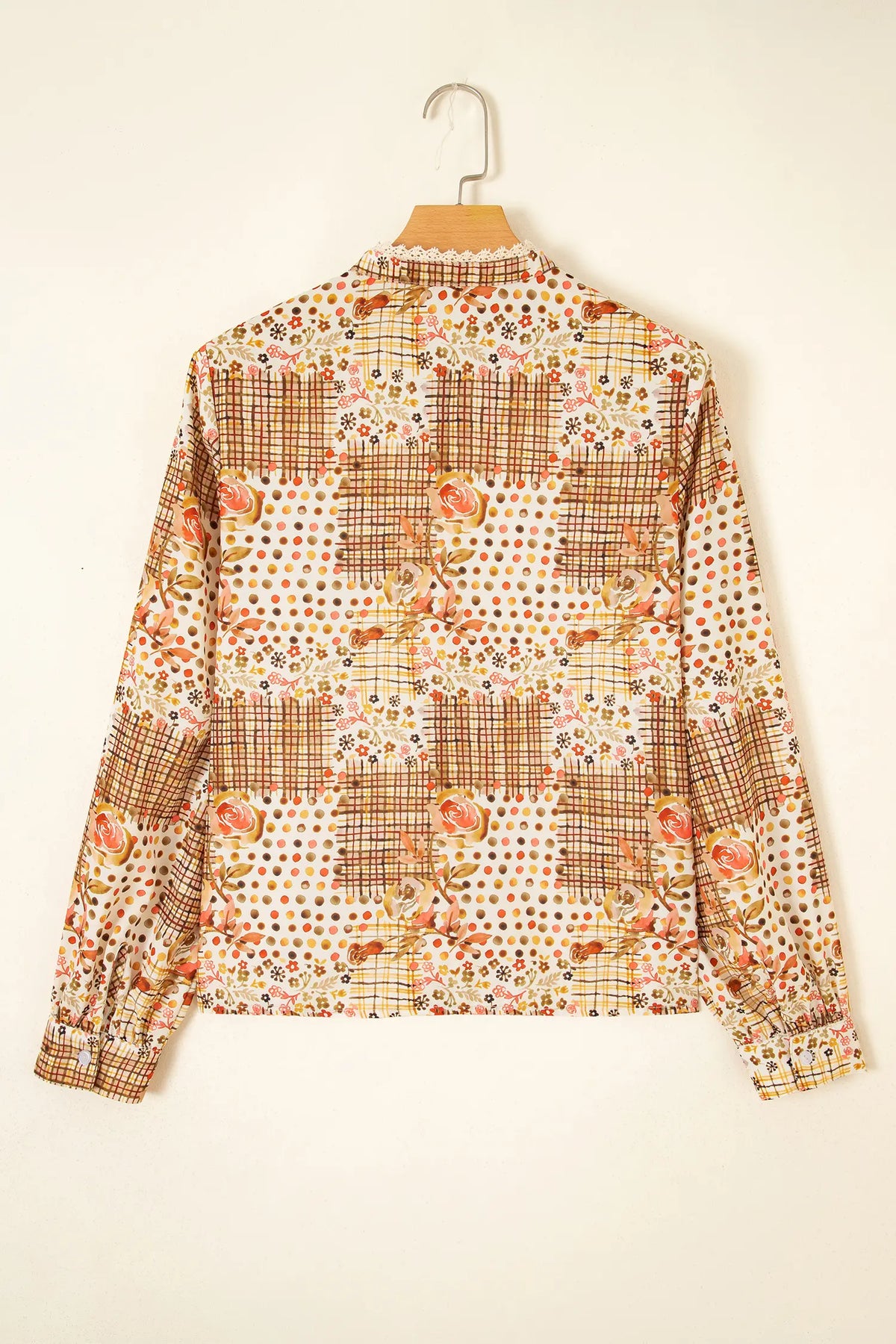 Floral Lace Trim Button Down Long Sleeve Shirt – Brown