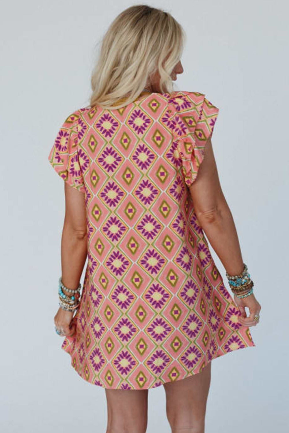 Orange Geometric Floral V Neck Buttoned Ruffled Sleeve Mini Dress eAura
