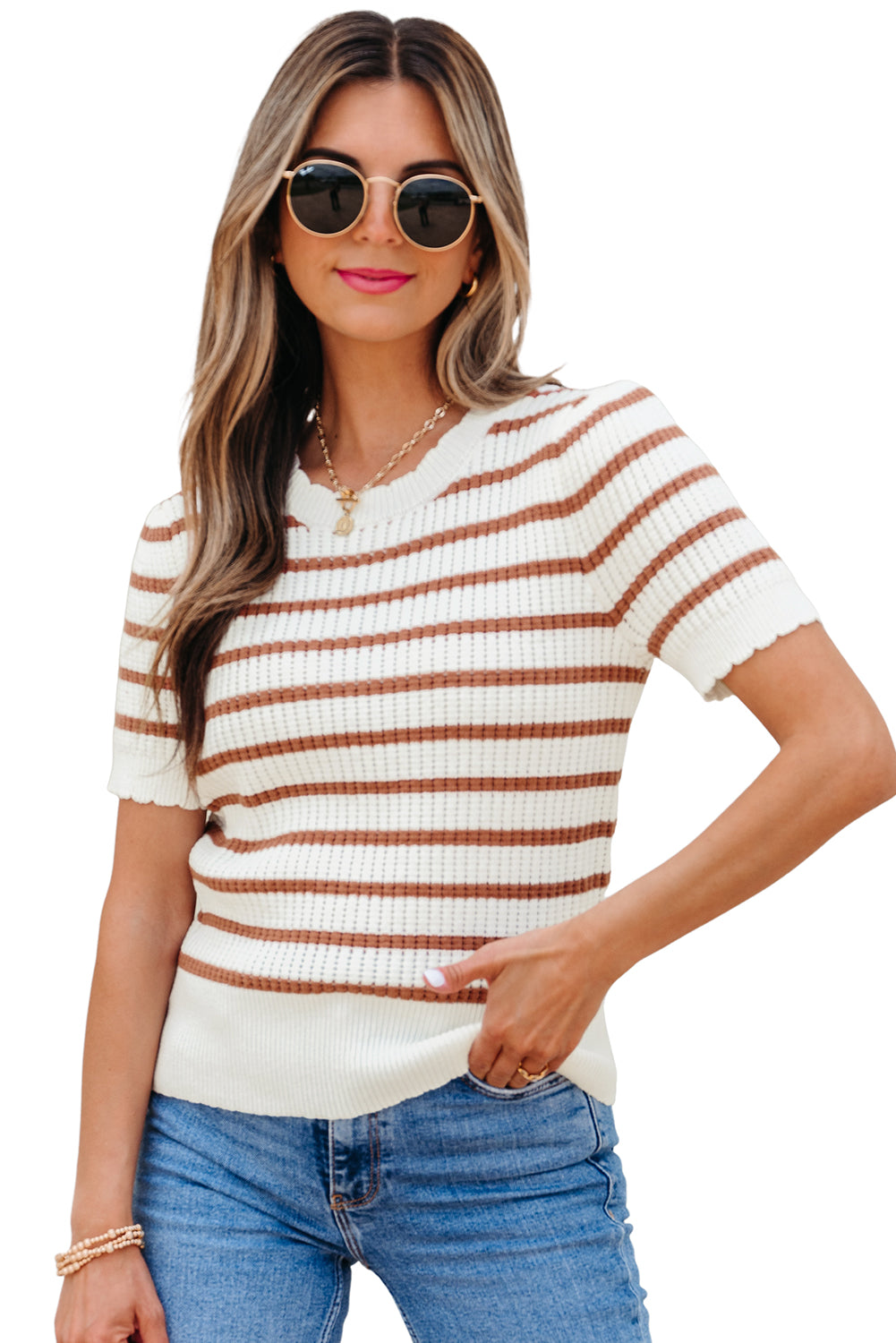 Khaki Stripe Scalloped Round Neck Short Sleeve Sweater eAura