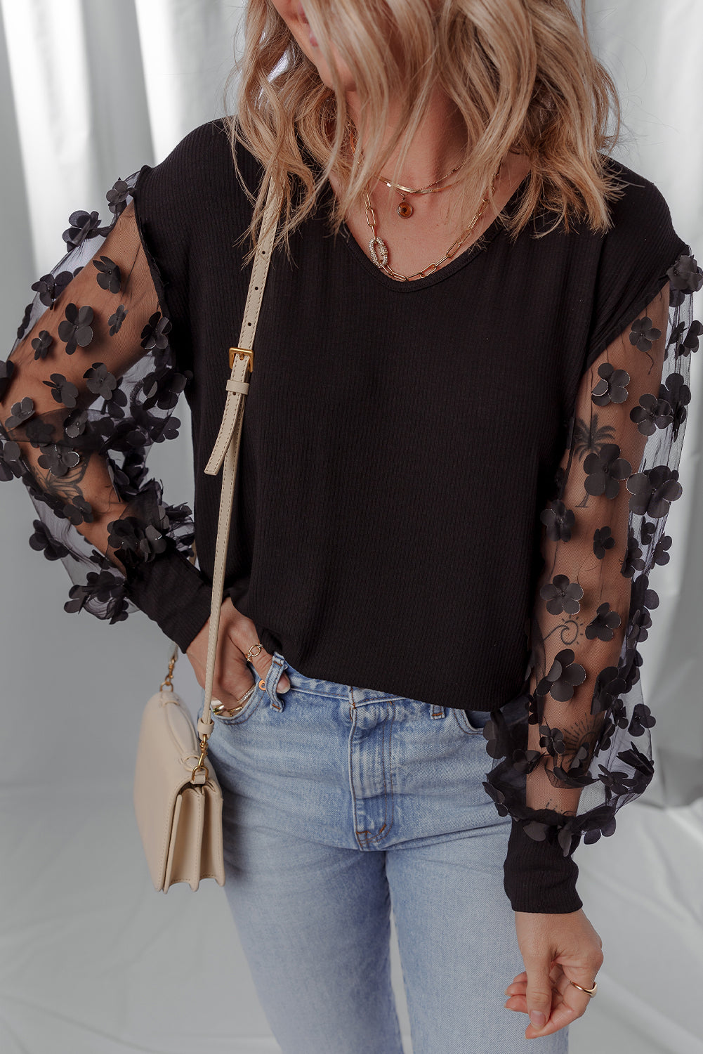 Black Flower Applique Mesh Long Sleeve V-Neck Blouse - eAura