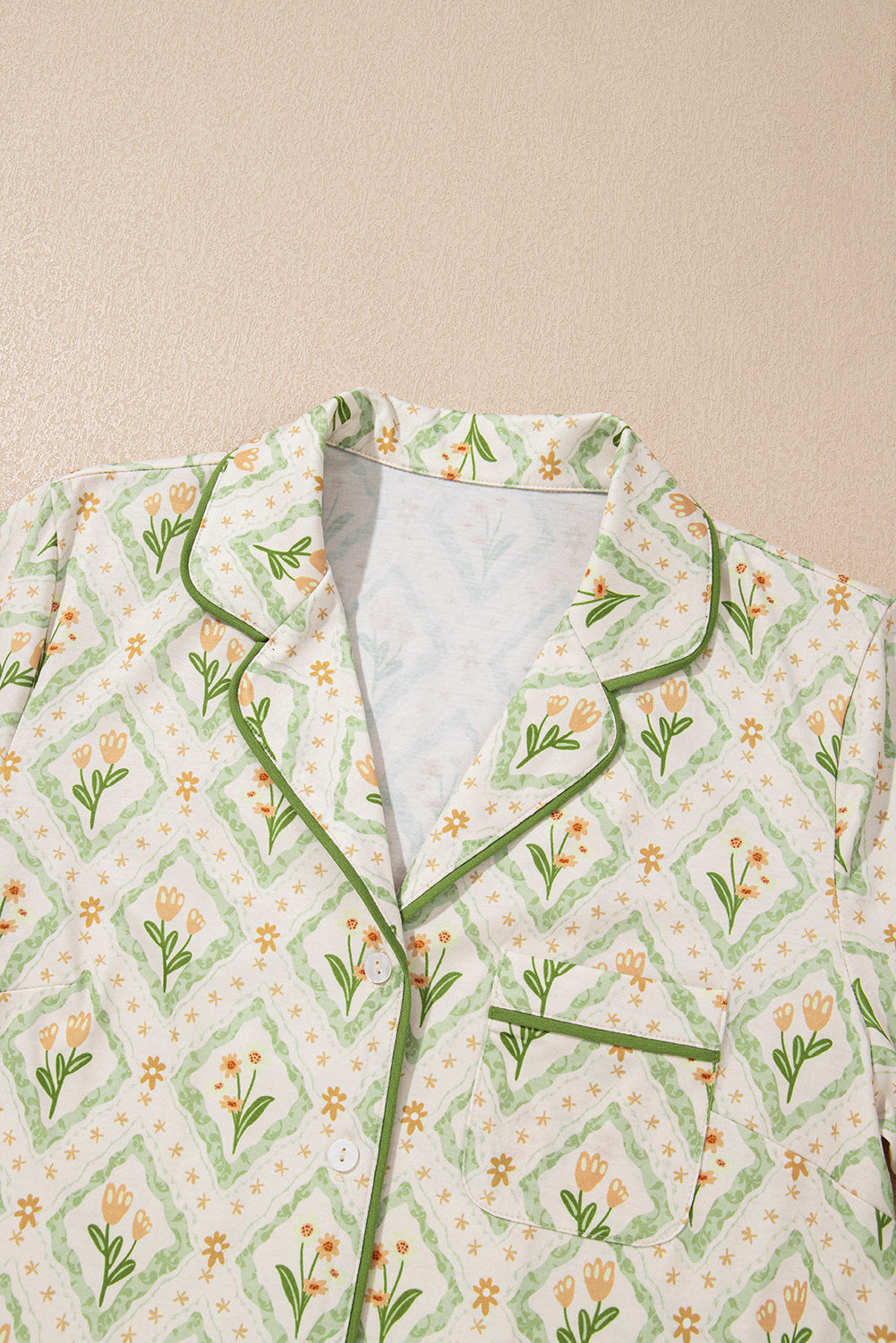 Green Floral Print Turn-down Collar Short Pyjamas Set eAura