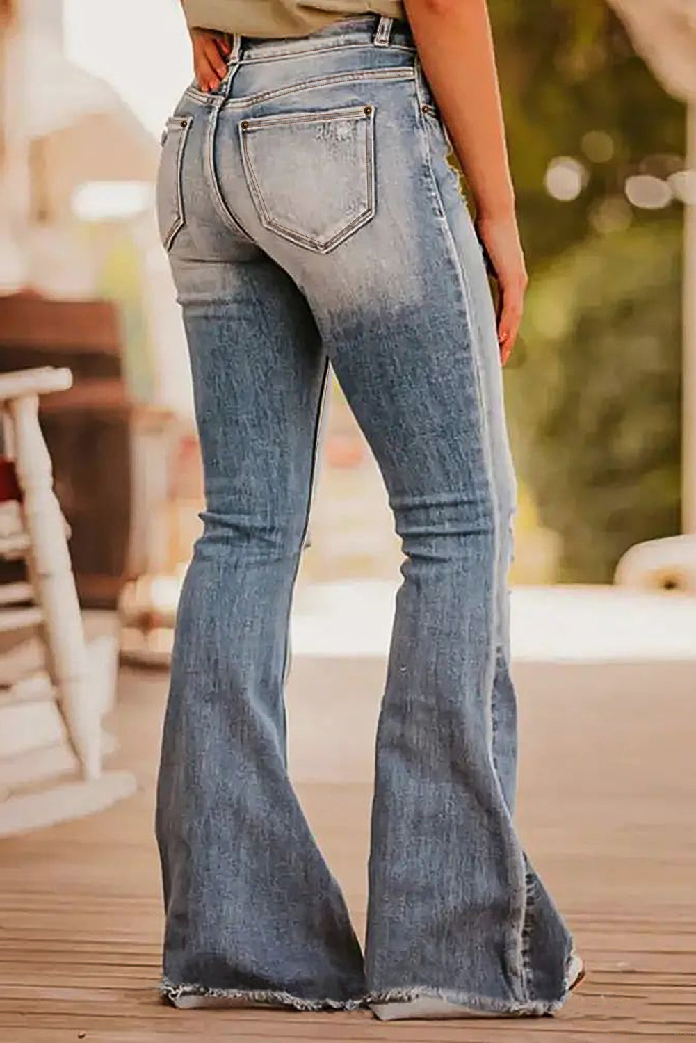 Dusk Blue Vintage Light Wash Ripped Raw Edge Flare Jeans Beagle Boutique Fashion Outlet