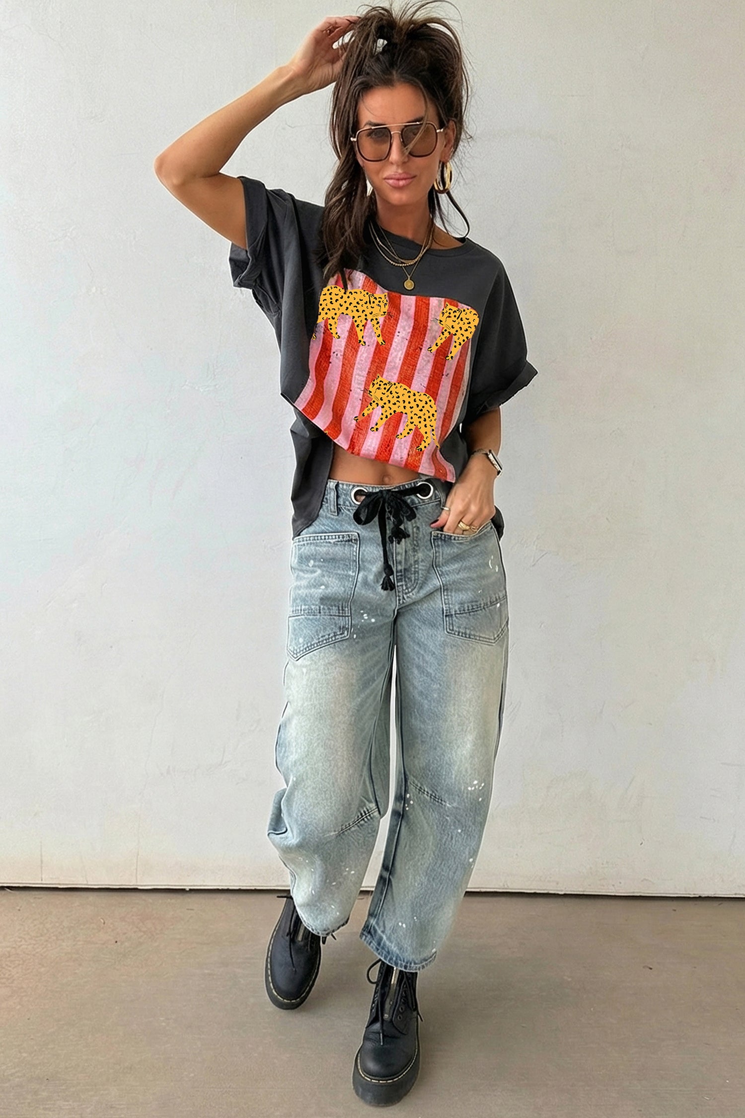 Cheetah Striped Print Retro Fashion Graphic Tee – Dark Grey