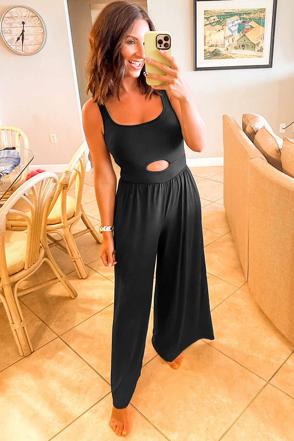 Black Peekaboo Wide Leg Square Neck Sleeveless Jumpsuit BB Fashion Outlet