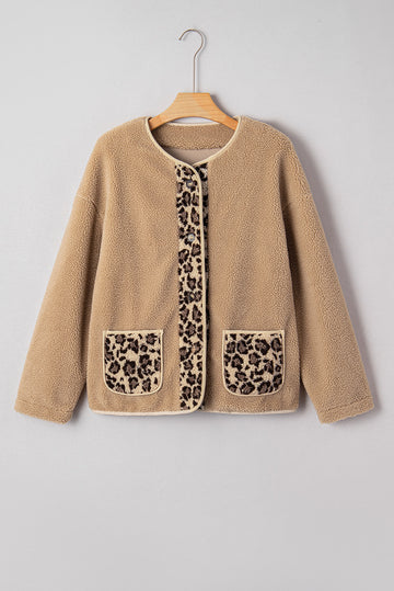 Casual Leopard Print Accent Plush Jacket with Pockets - Outerwear/Jackets