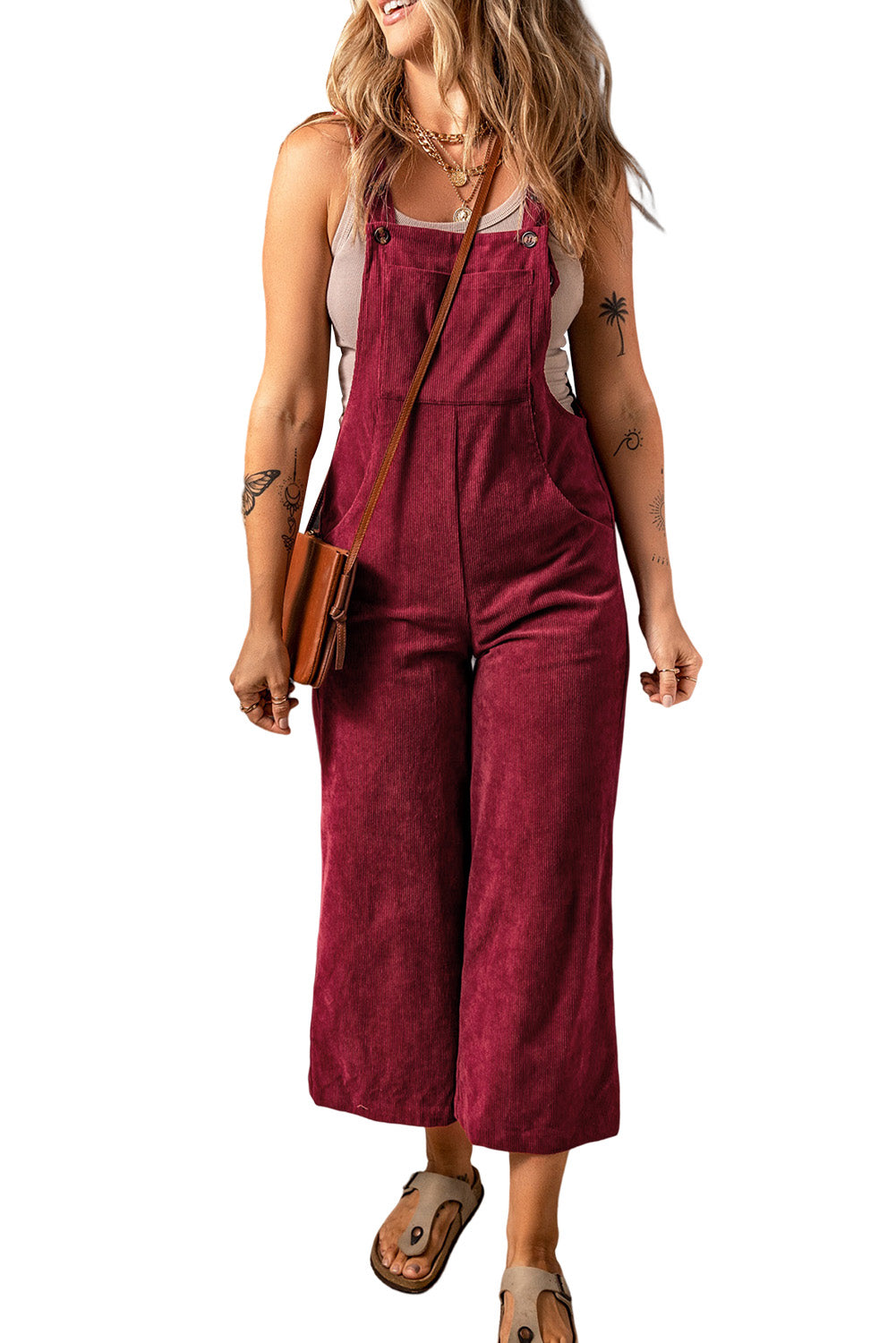 Solid Color Ribbed Wide Leg Bib Overalls – Brown