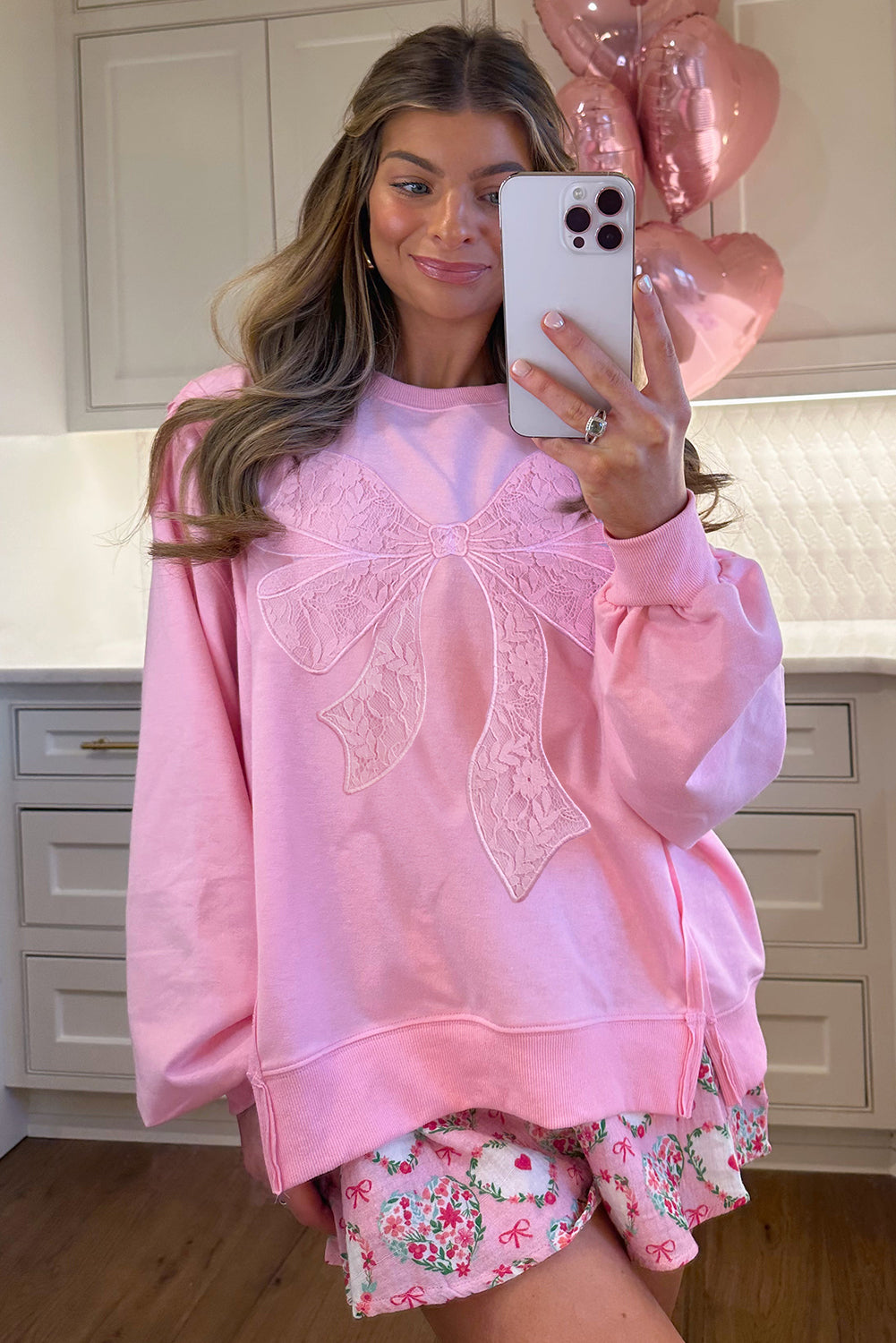 Lace Insert Bow Embroidered Exposed Seam Sweatshirt - eAura