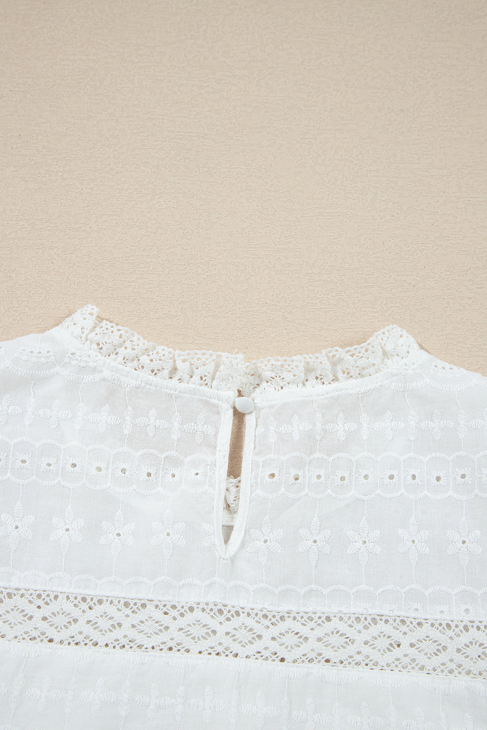 White Lace Neckline Flutter Sleeve Eyelets Blouse eAura