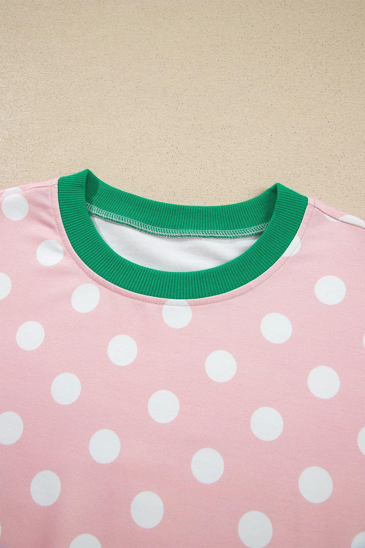 Polka Dot Contrast Trim Long Sleeve Top Drawstring Shift Pants Set – Pink