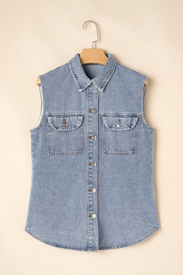 Beau Blue Denim Flap Pocket Curved Hem Shirt Vest - Outerwear/Vests