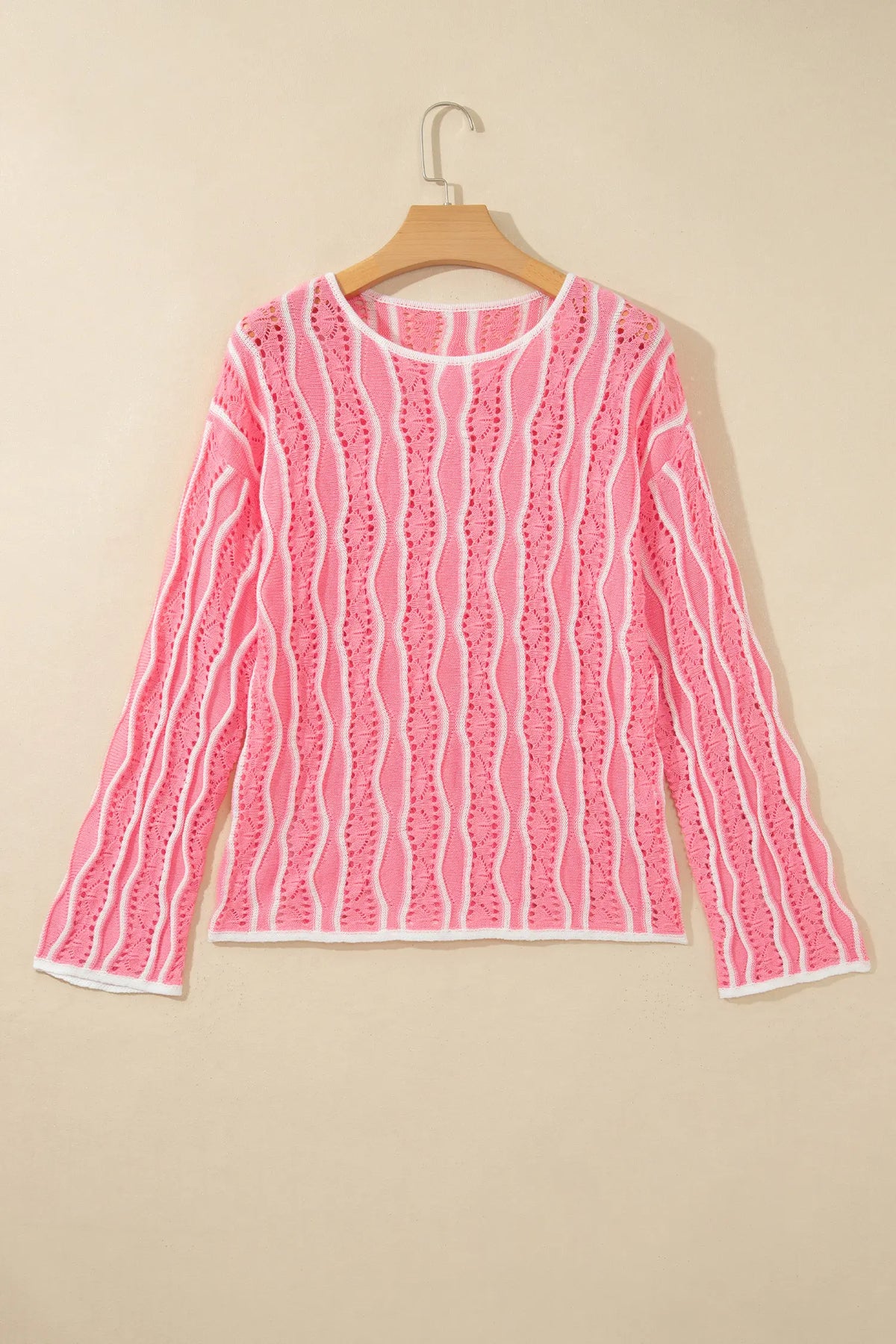 Wavy Detail Hollow Out Knit Long Sleeve Cotton Pullover Sweater – Pink