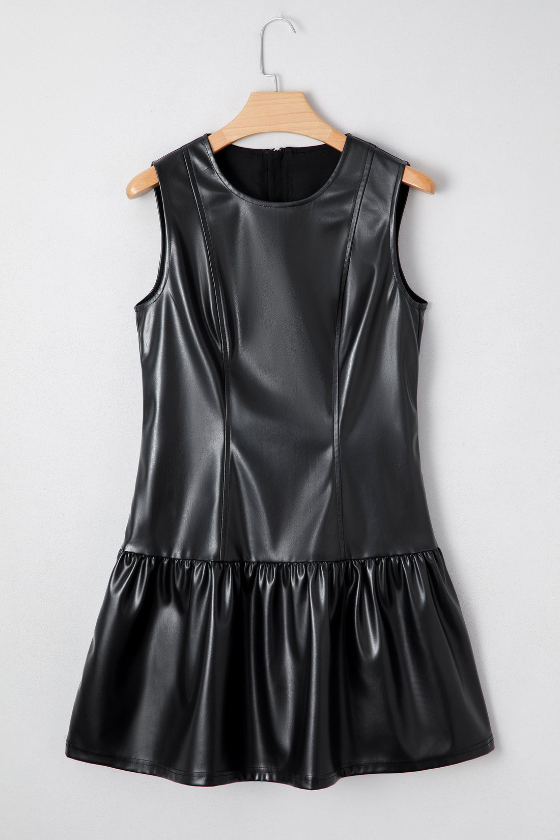 Black Faux Leather Ruffle Hem Sleeveless Mini Dress - eAura