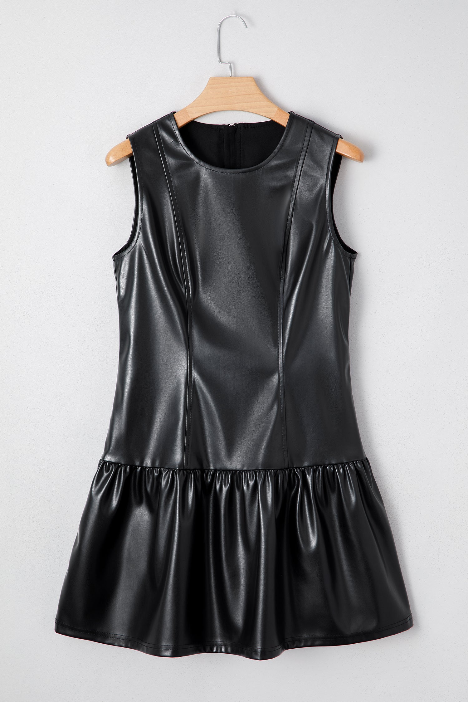 Black Faux Leather Ruffle Hem Sleeveless Mini Dress - eAura