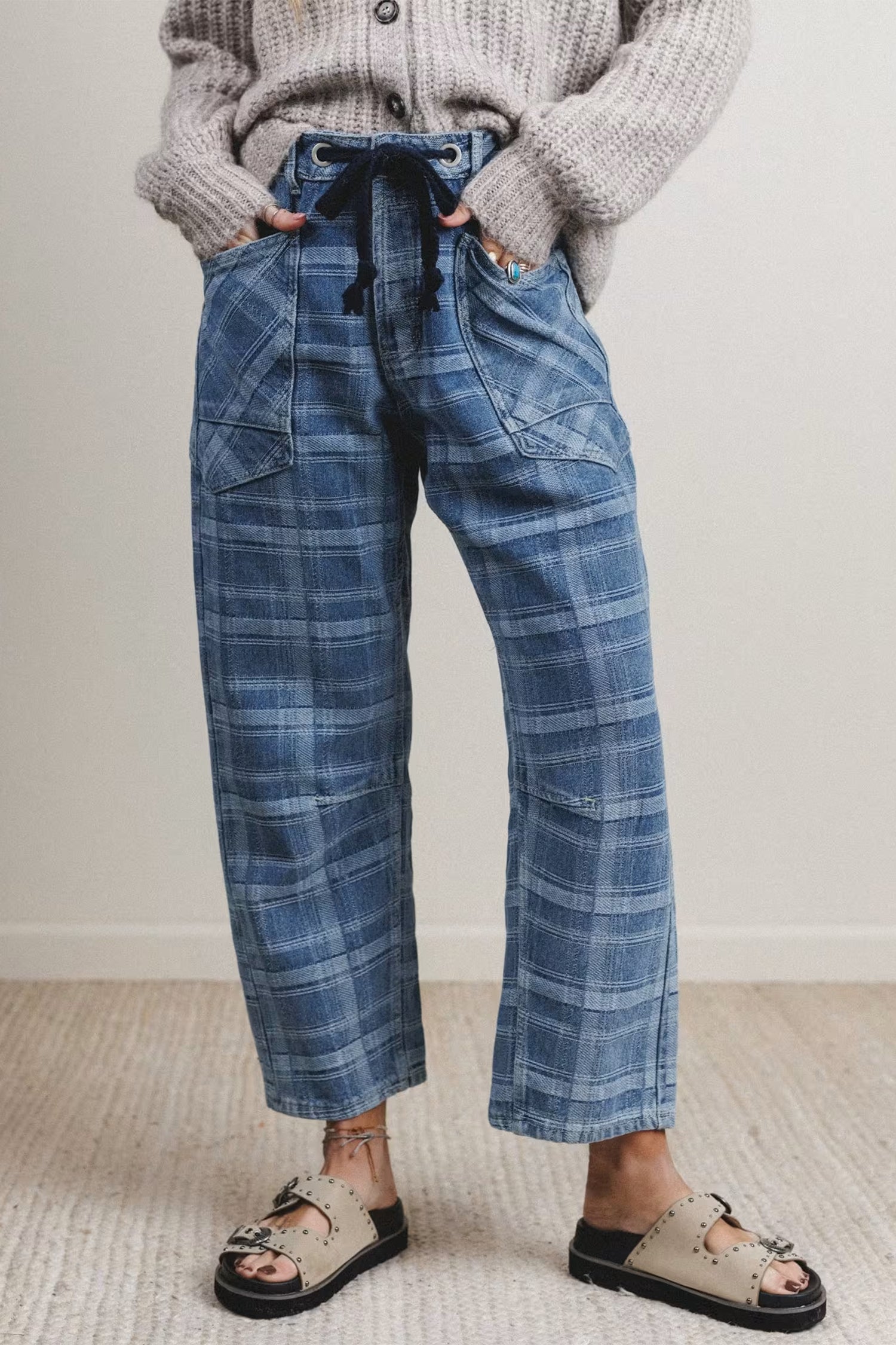 Sky Blue Plaid Denim Grommet Drawstring Waist Ankle-Length Jeans – Light Blue