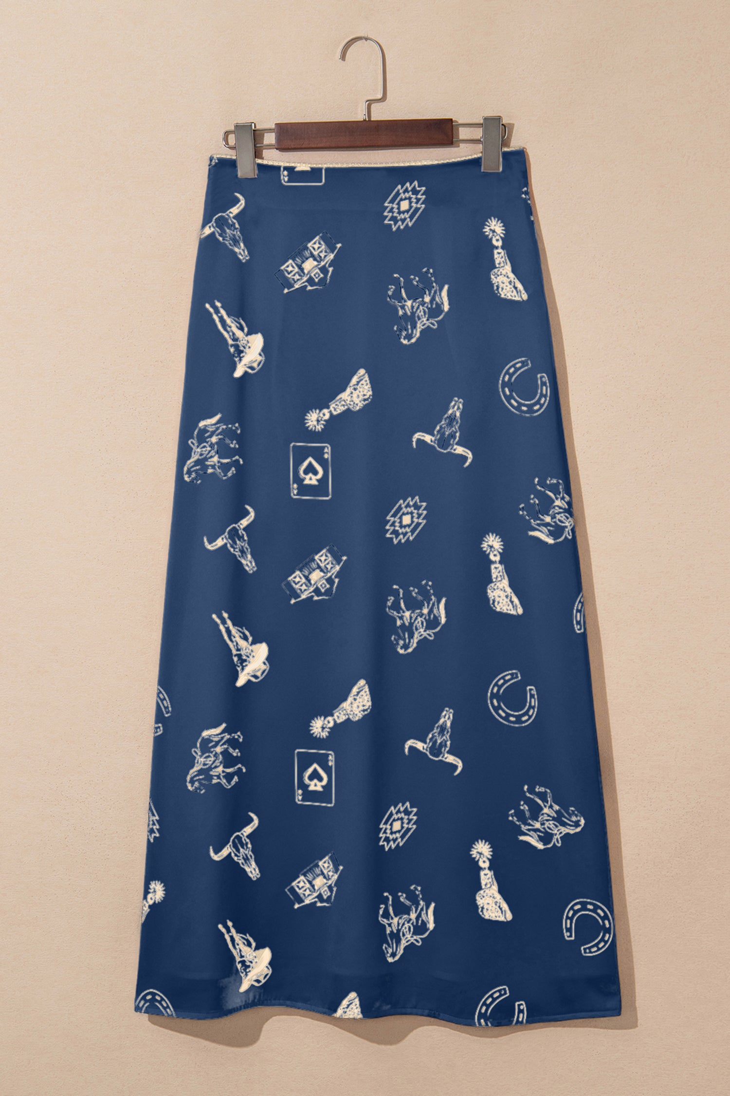 Navy Blue Western Print Satin Maxi Skirt
