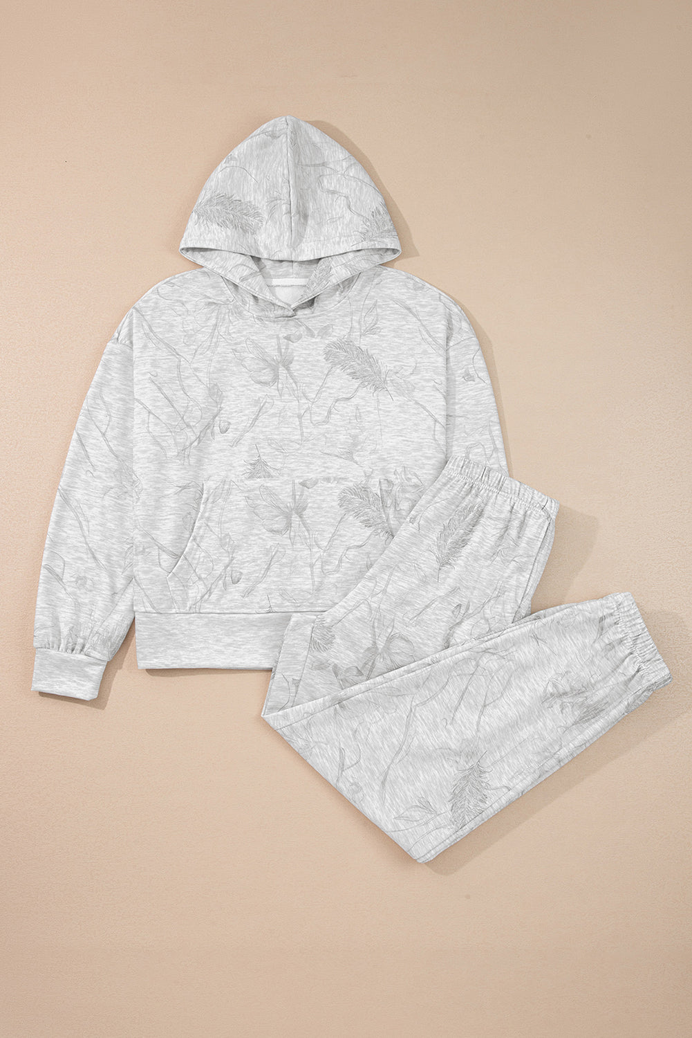 Light Grey Abstract Print Loose Drop Sleeve Hoodie Elastic Waistband 2pcs Pant Set - Two Piece Sets/Pant Sets
