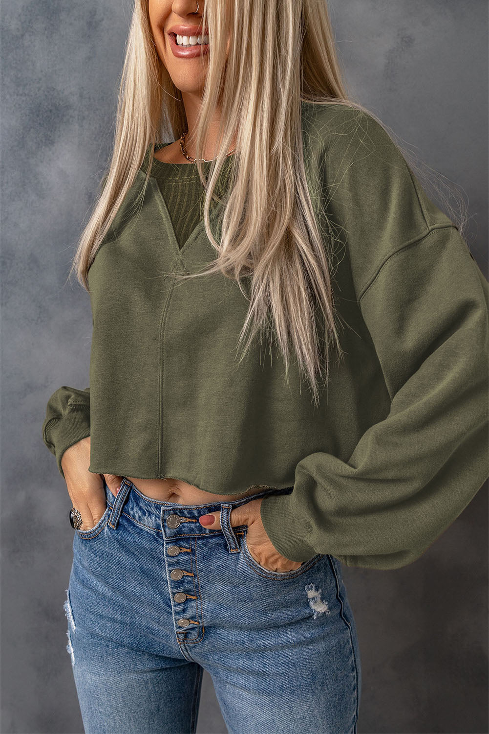 Green Drop Shoulder Cropped Sweatshirt eAura
