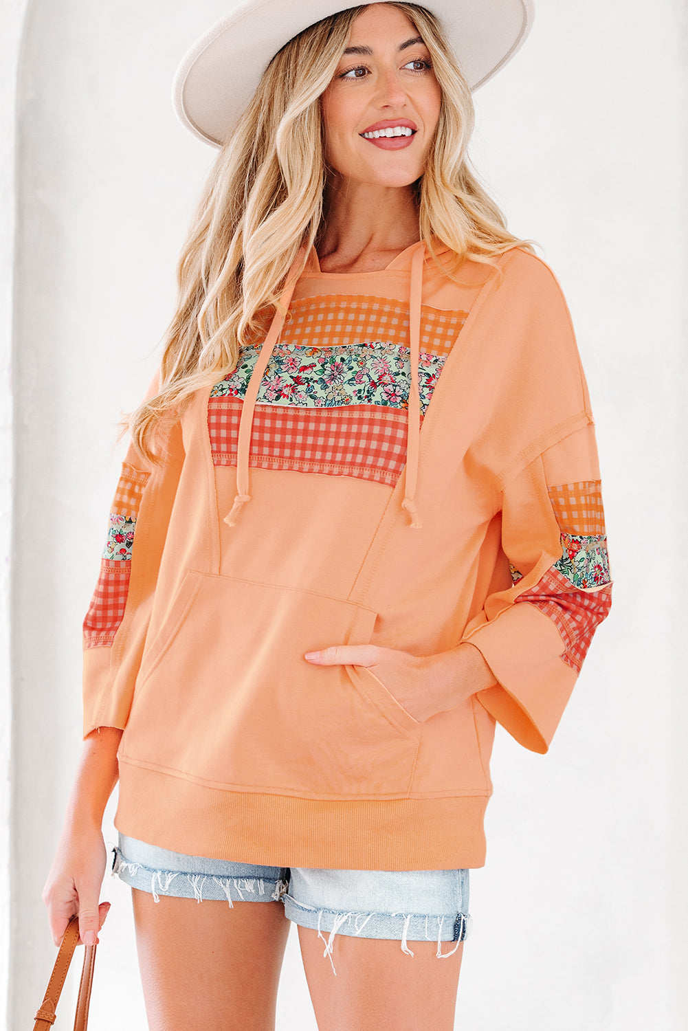 Plaid Floral Patchwork Kangaroo Pocket Hooded Long Sleeve Top - Tops/Long Tops
