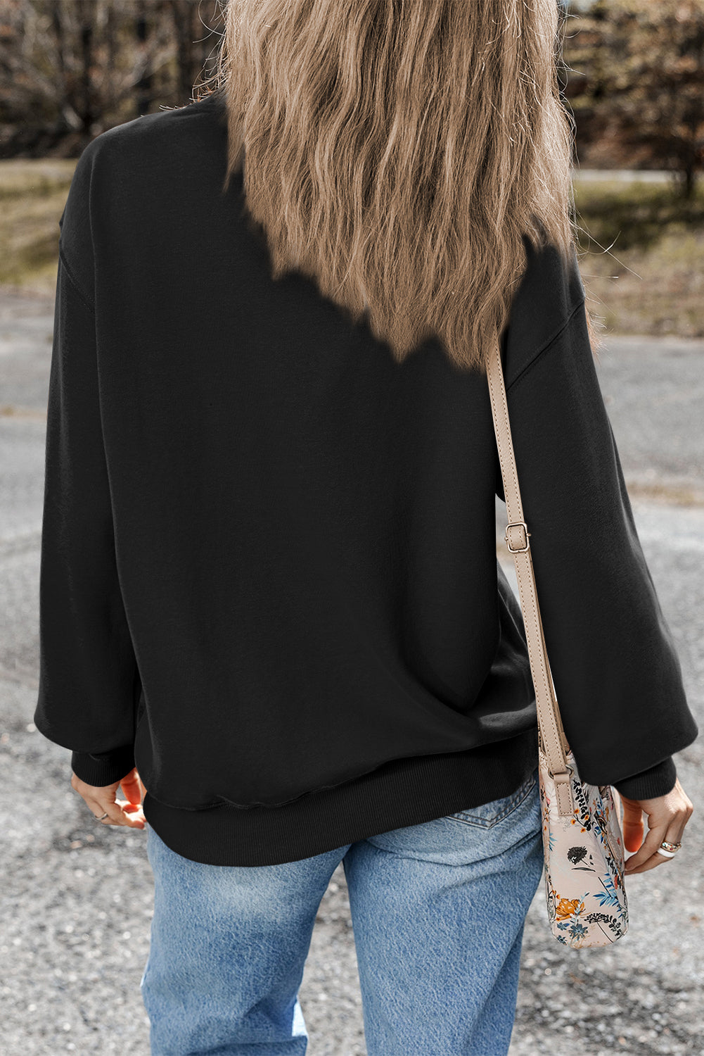 Black Plain Drop Shoulder Crewneck Pullover Sweatshirt eAura