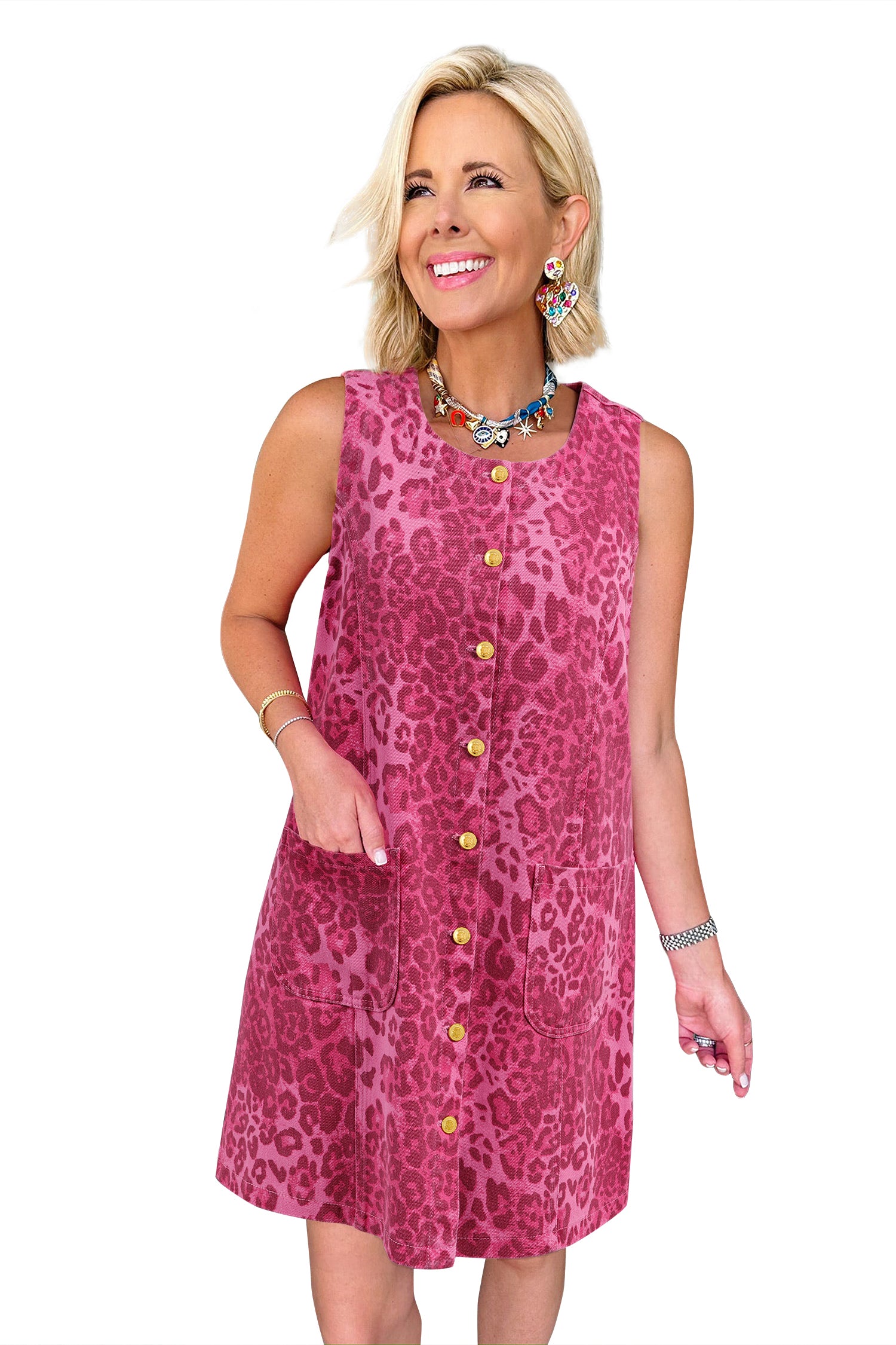 Leopard Print Denim Buttoned Shift Sleeveless Mini Dress