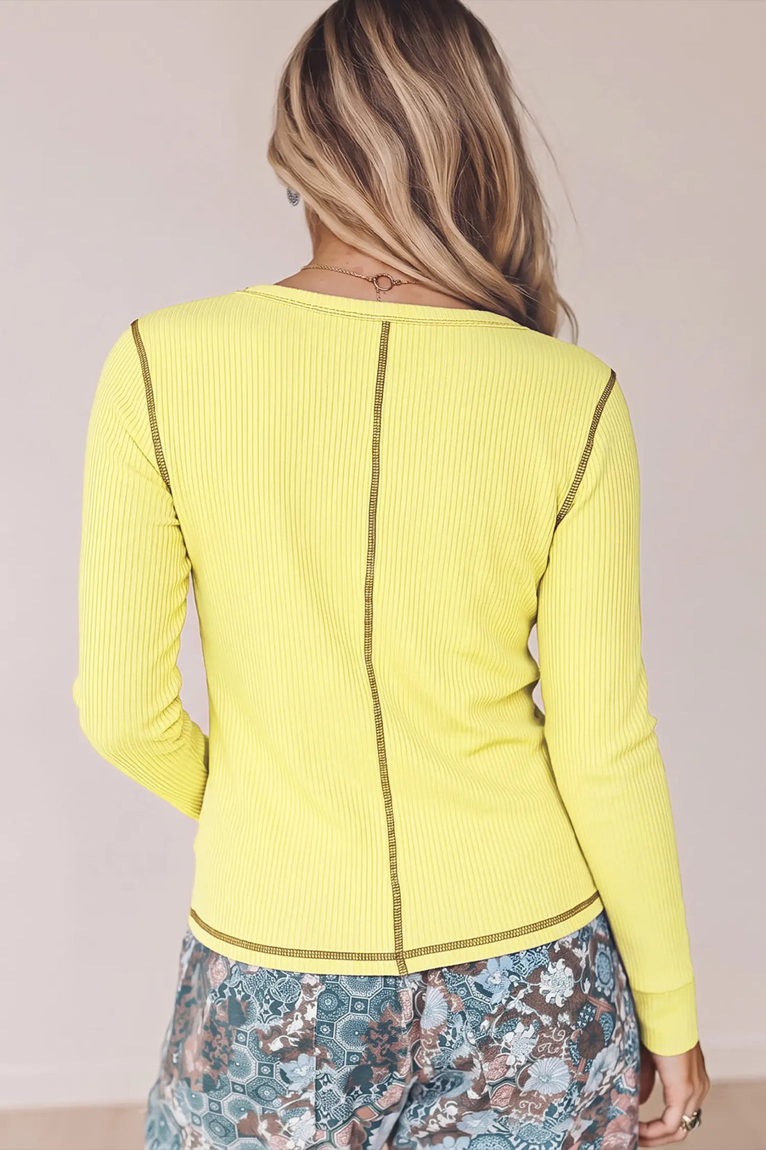 V Neck Ribbed Stitched Detail Long Sleeve Top