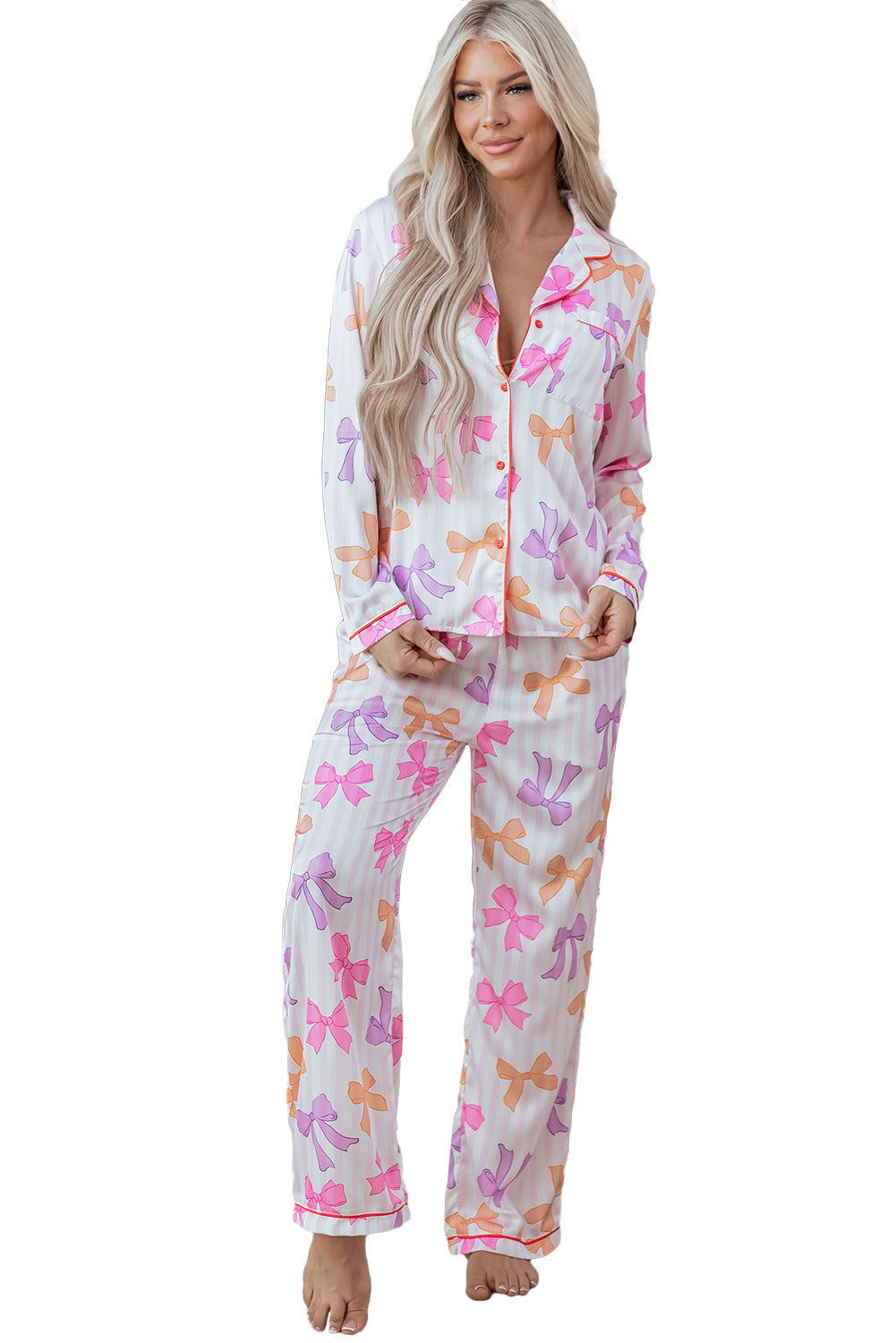 Pink Striped Bow Print Contrast Piping Trim Shirt and Bottoms Pyjama Set - eAura