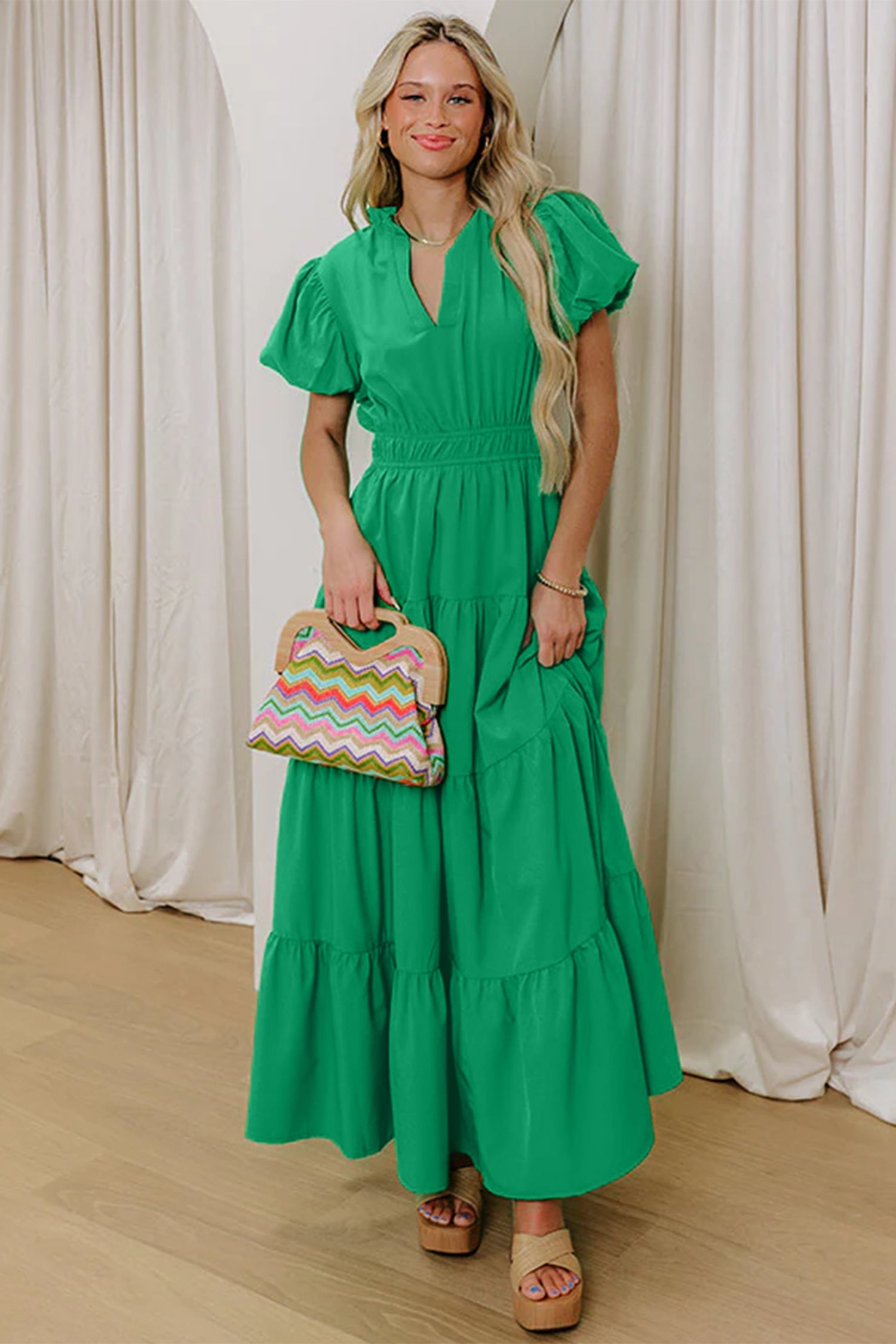 V-Neck Short Puff Sleeve Tiered Maxi Dress