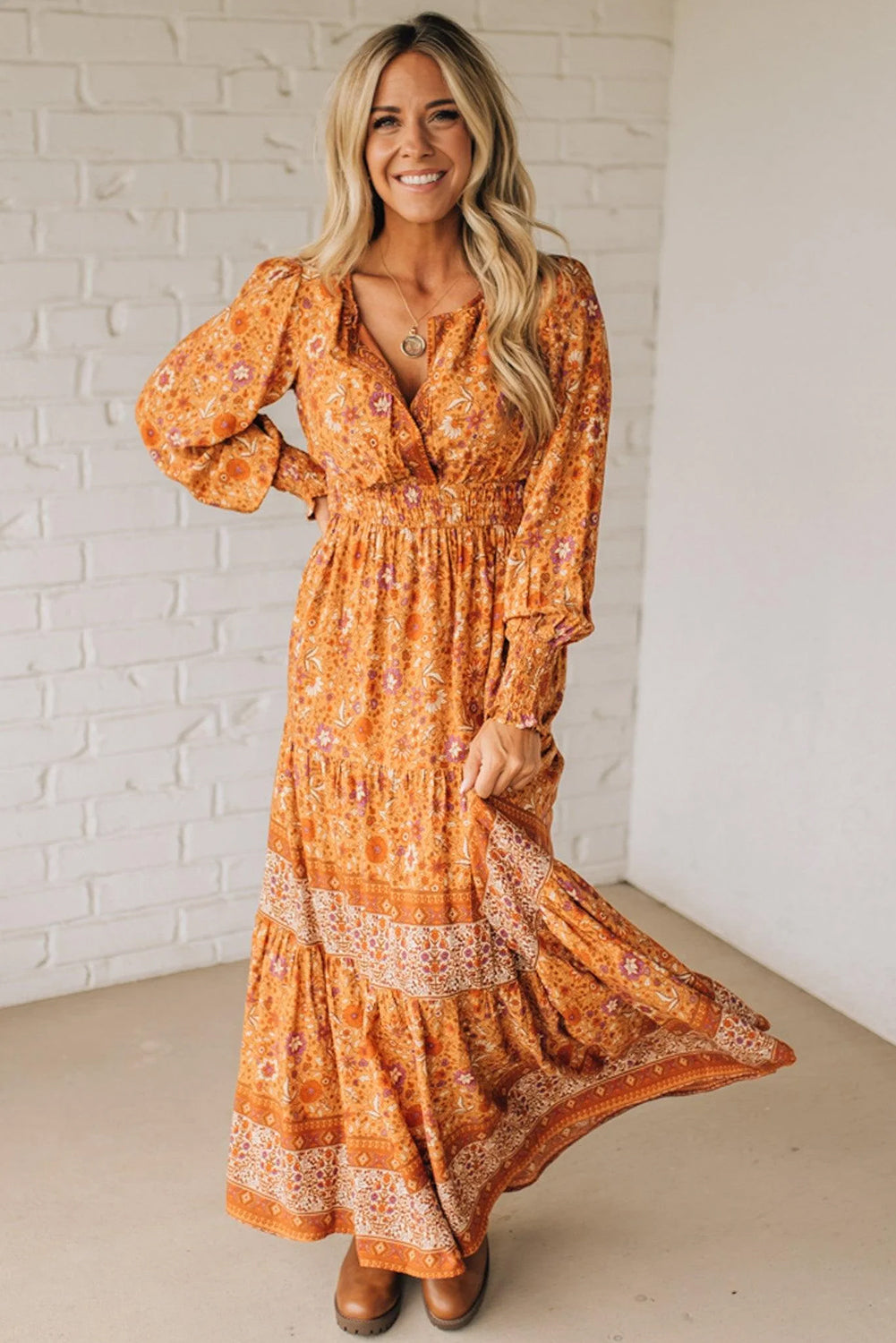 Floral Print Smocked Waist Long Sleeve Boho Maxi Dress - Dresses/Maxi Dresses