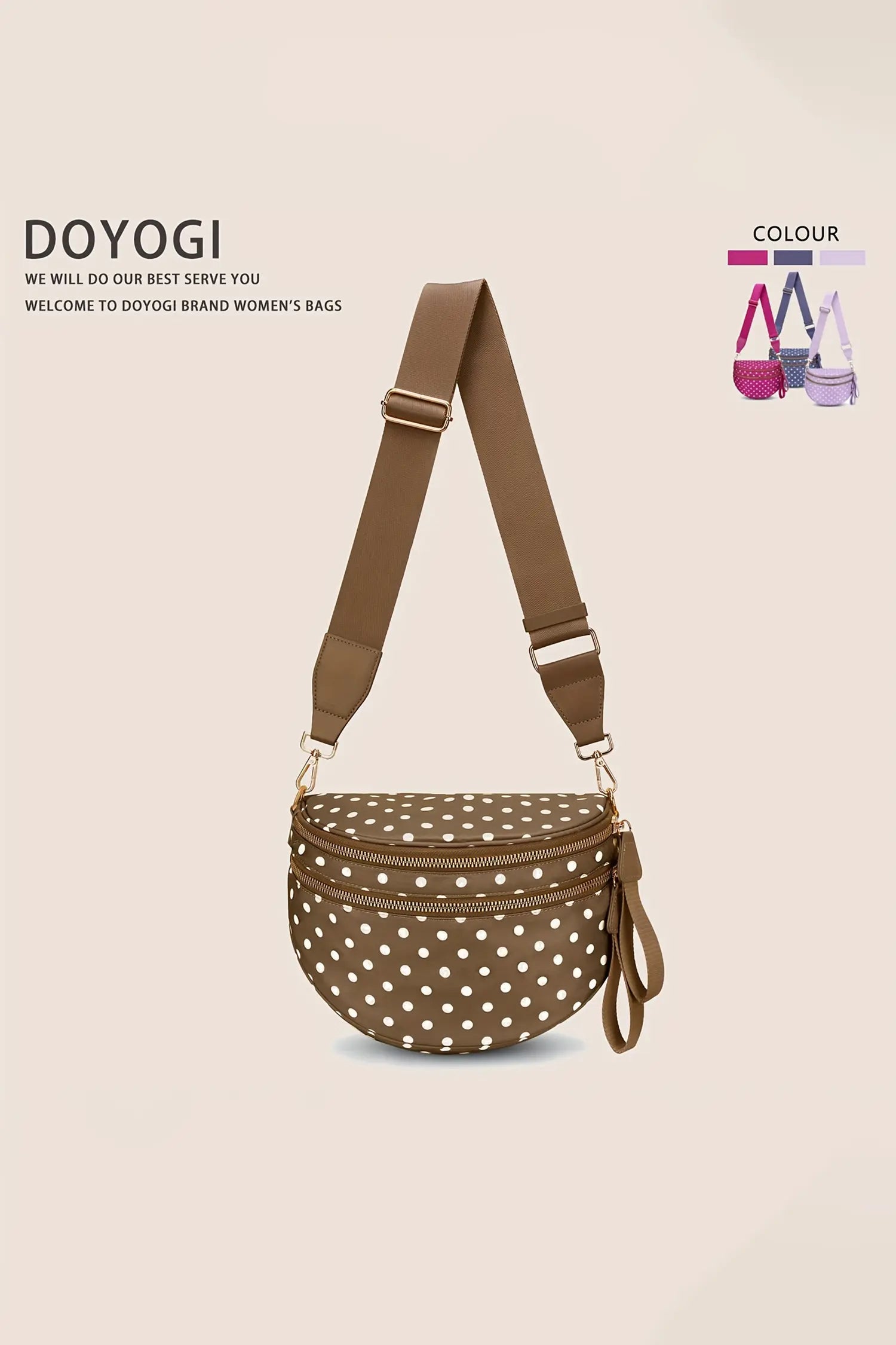 Camel Polka Dot Print Double Zip Fashion Crossbody Bag