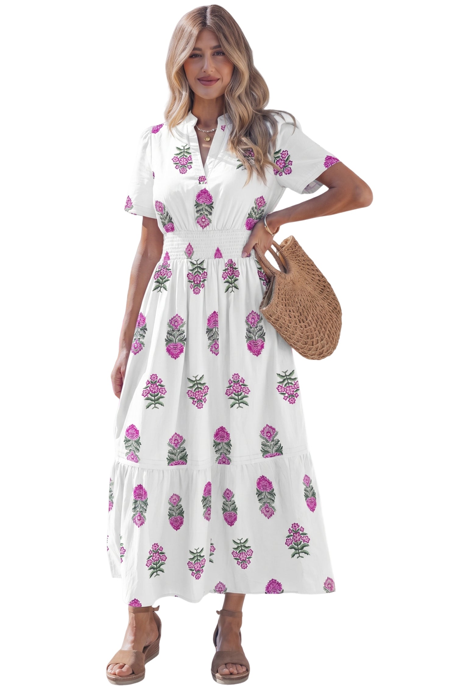 Floral Print Split Neck Shirred Waist Ruffle Hem Maxi Dress