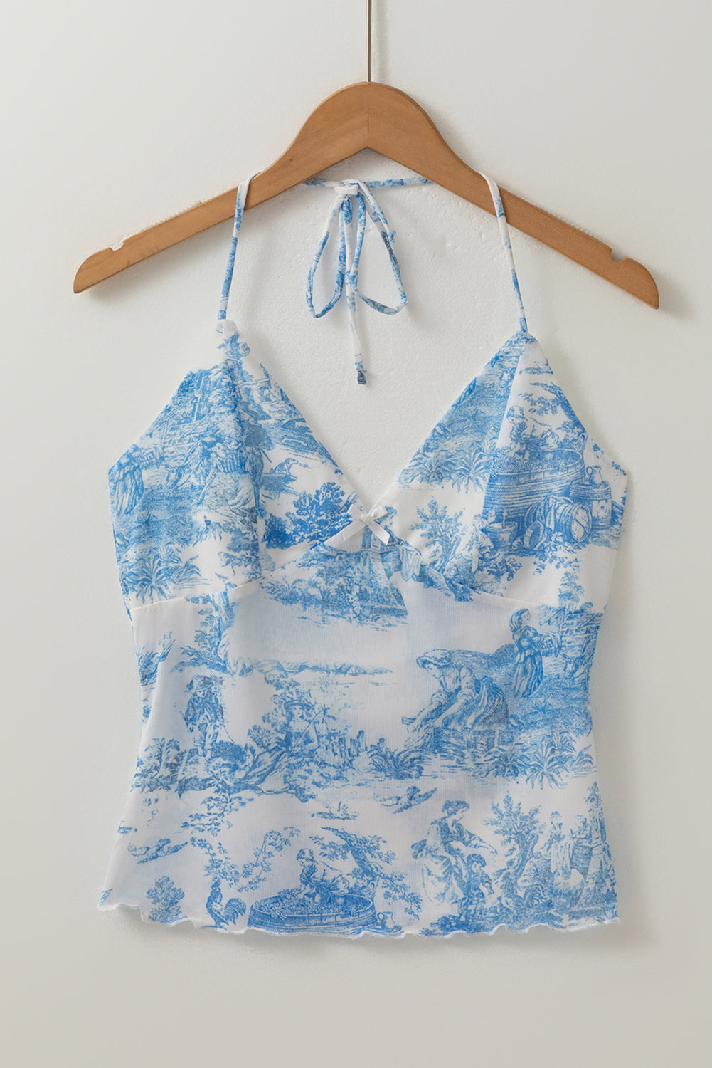 Sky Blue Random Printed Mesh Bow Detail Halterneck Cami Top eAura