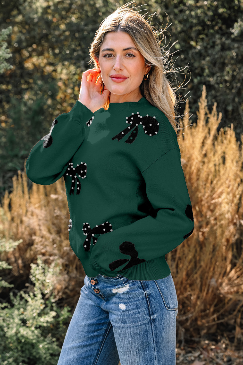 Pearl Embellished Bow Pattern Loose Sweater - eAura