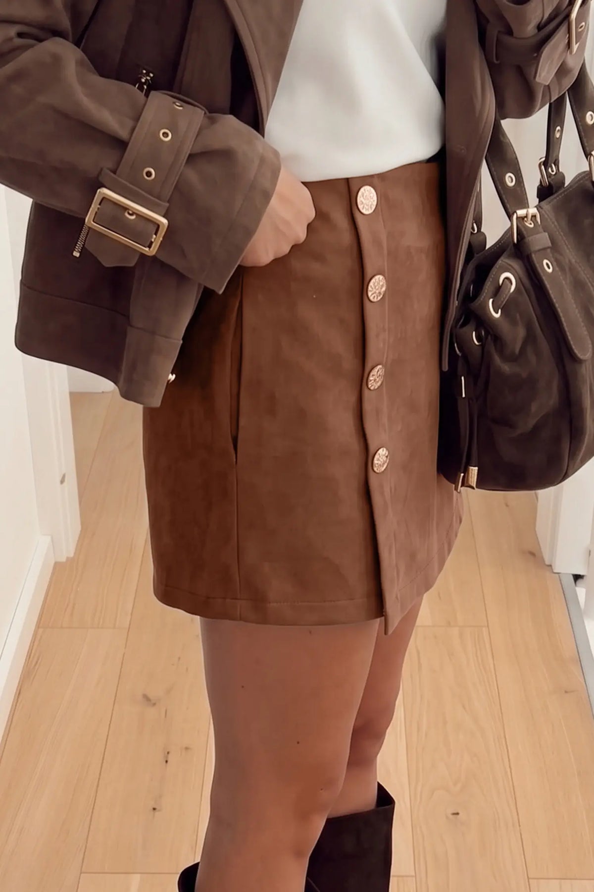 Mini skirt asymmetric wrap with button detail