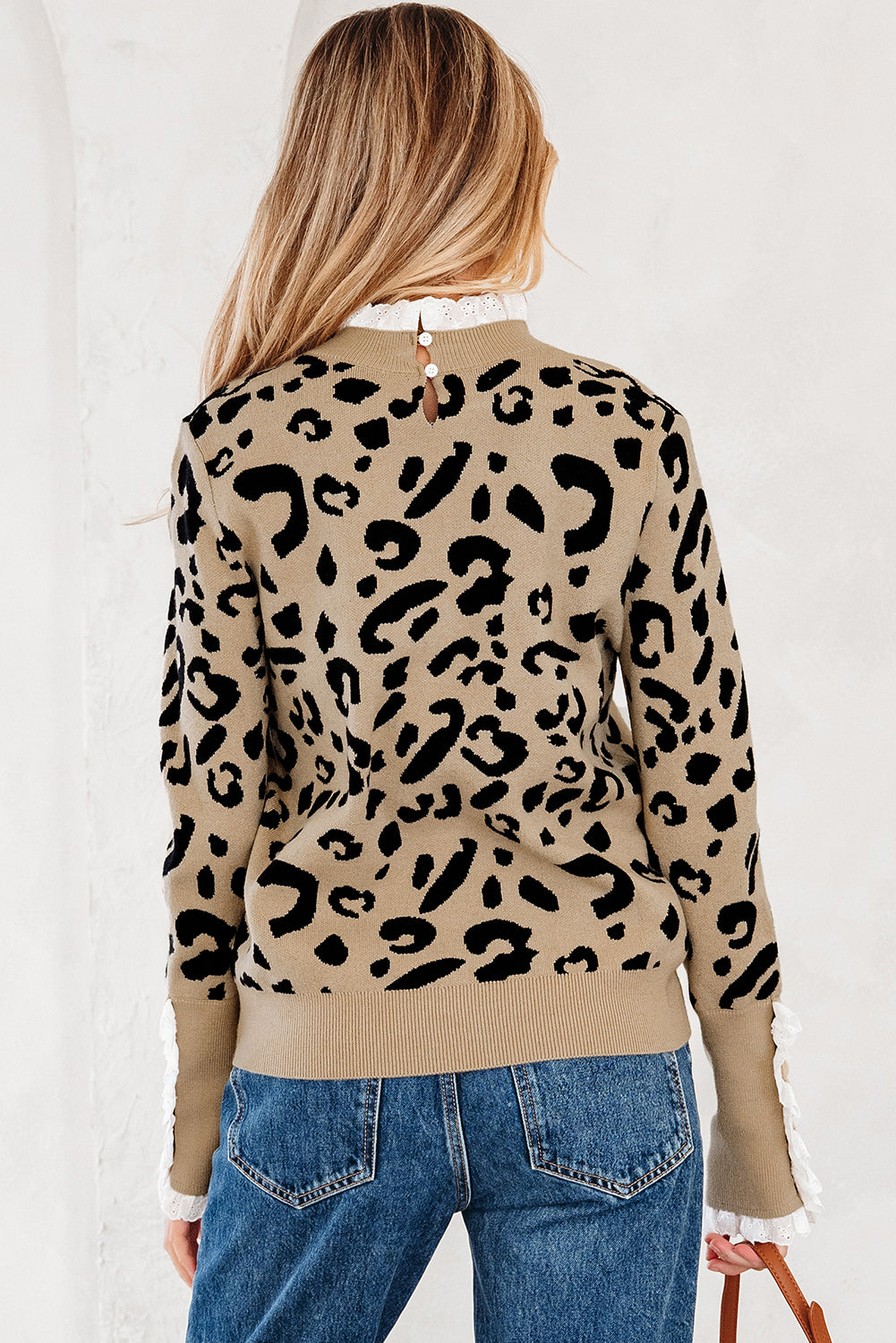 Brown Leopard Pattern Lace Ribbed Detail Button Cuffed Sweater - eAura