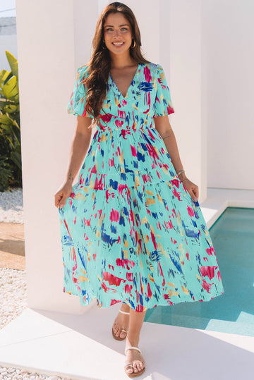 Abstract Print Short Puff Sleeve Tiered Maxi Dress eAura