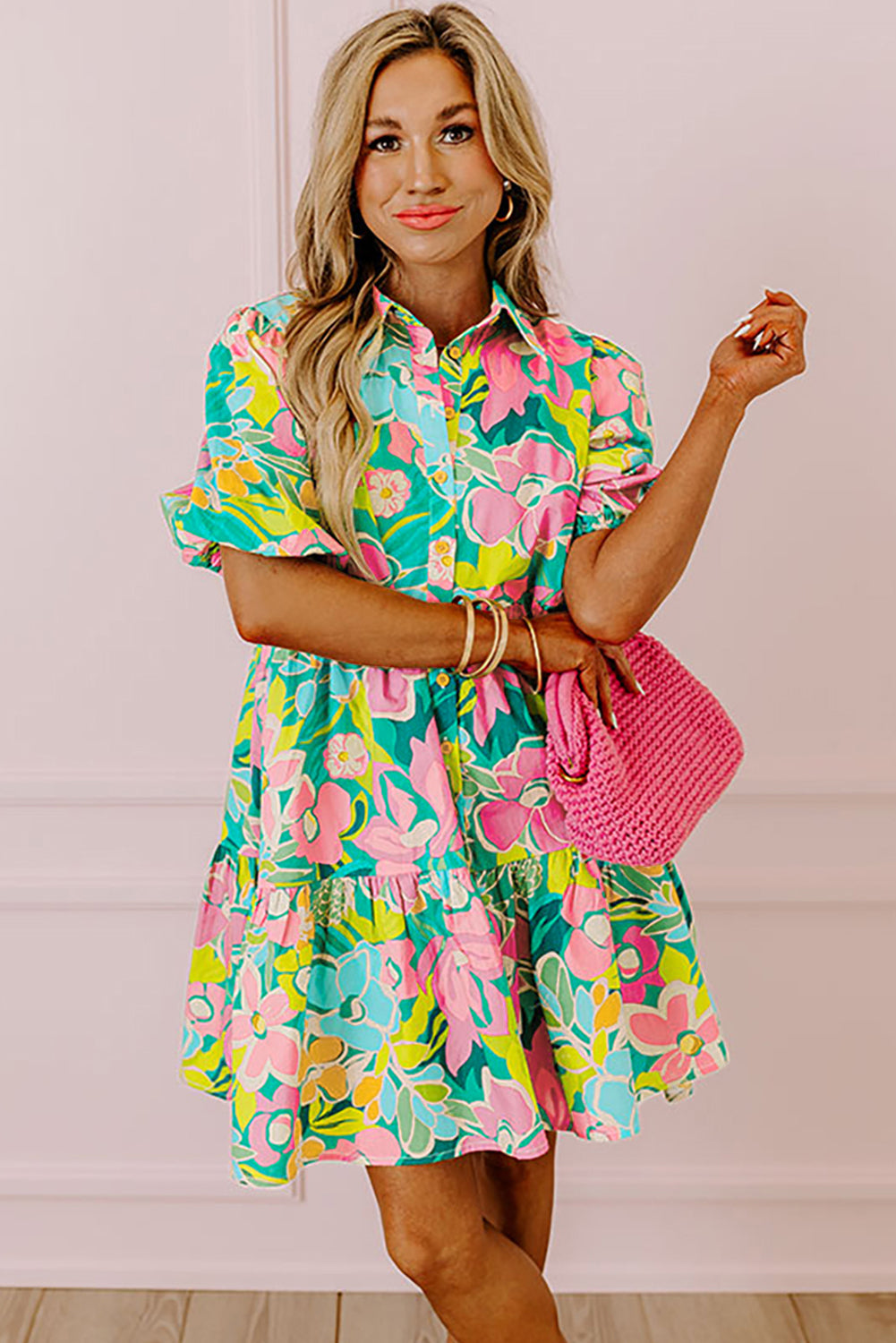 Green Floral Puff Sleeve Collar Buttoned Babydoll Dress eAura