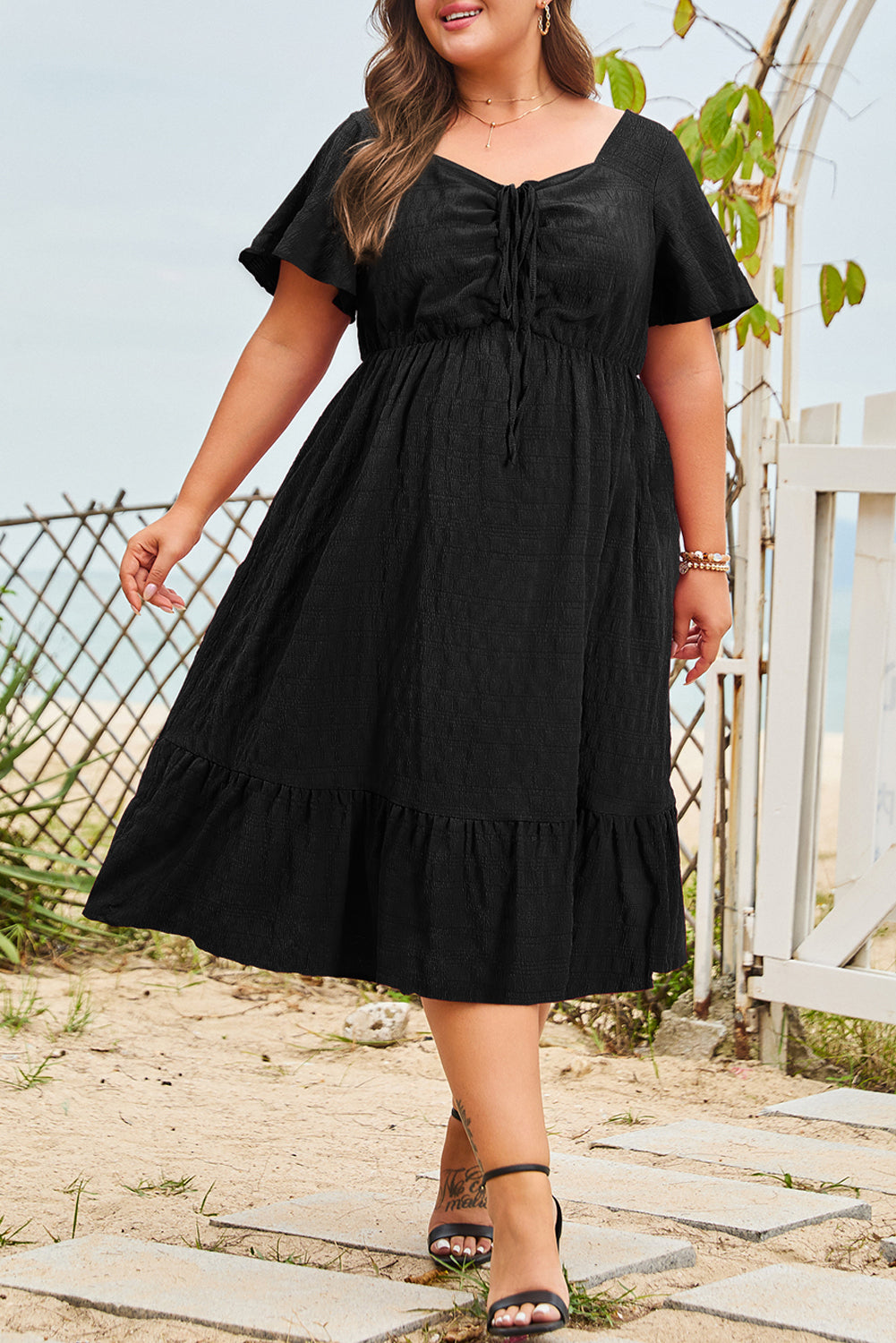 Plus Size Short Sleeve Lace-up High Waist Midi Dress